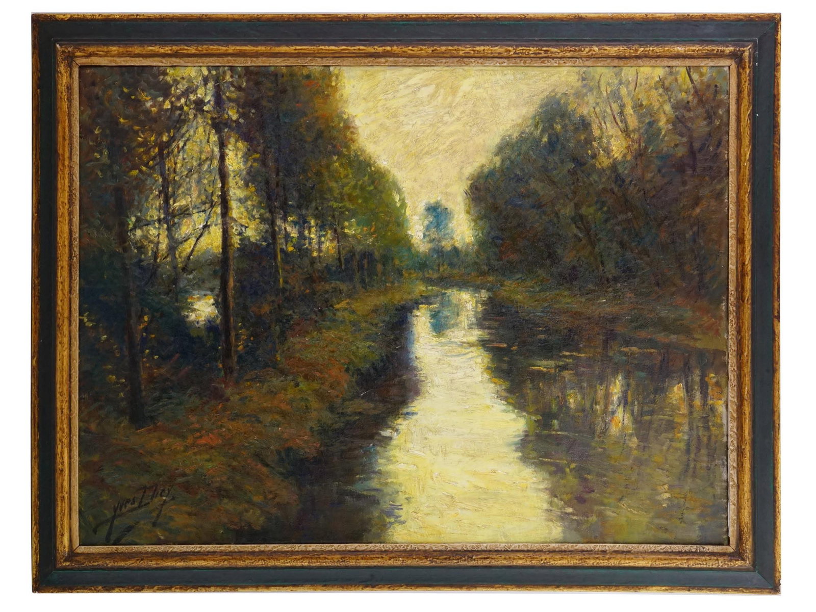 FRENCH IMPRESSIONIST OIL PAINTING BY YVES DIEY: Yves Diey, French, 1892 to 1984, a Mid century oil on canvas painting depicting a water stream among the trees. The painting is created in an Impressionistic manner, with beautiful accents of color an