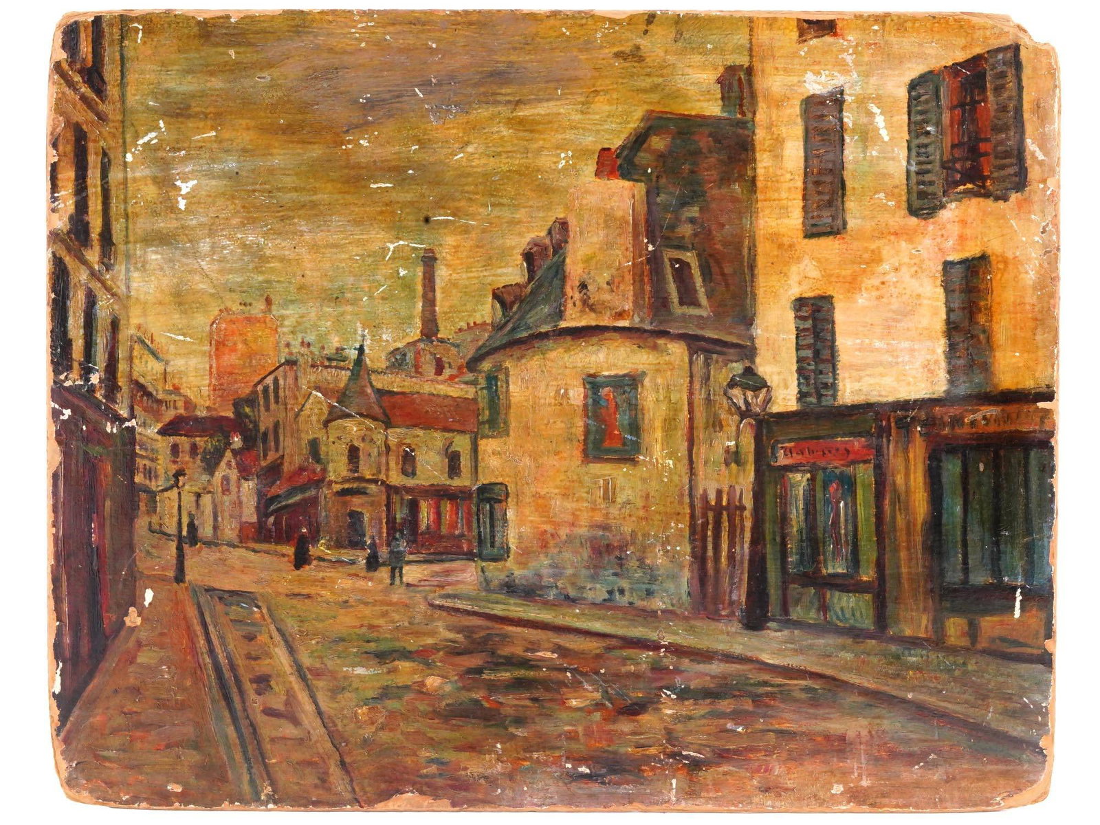 PARIS VIEW OIL PAINTING AFTER MAURICE UTRILLO: An oil painting on cardboard depicting a Parisienne cityscape after Maurice Utrillo. Unsigned. Maurice Utrillo, 1883 to 1955, born Maurice Valadon was a French painter of the School of Paris who speci