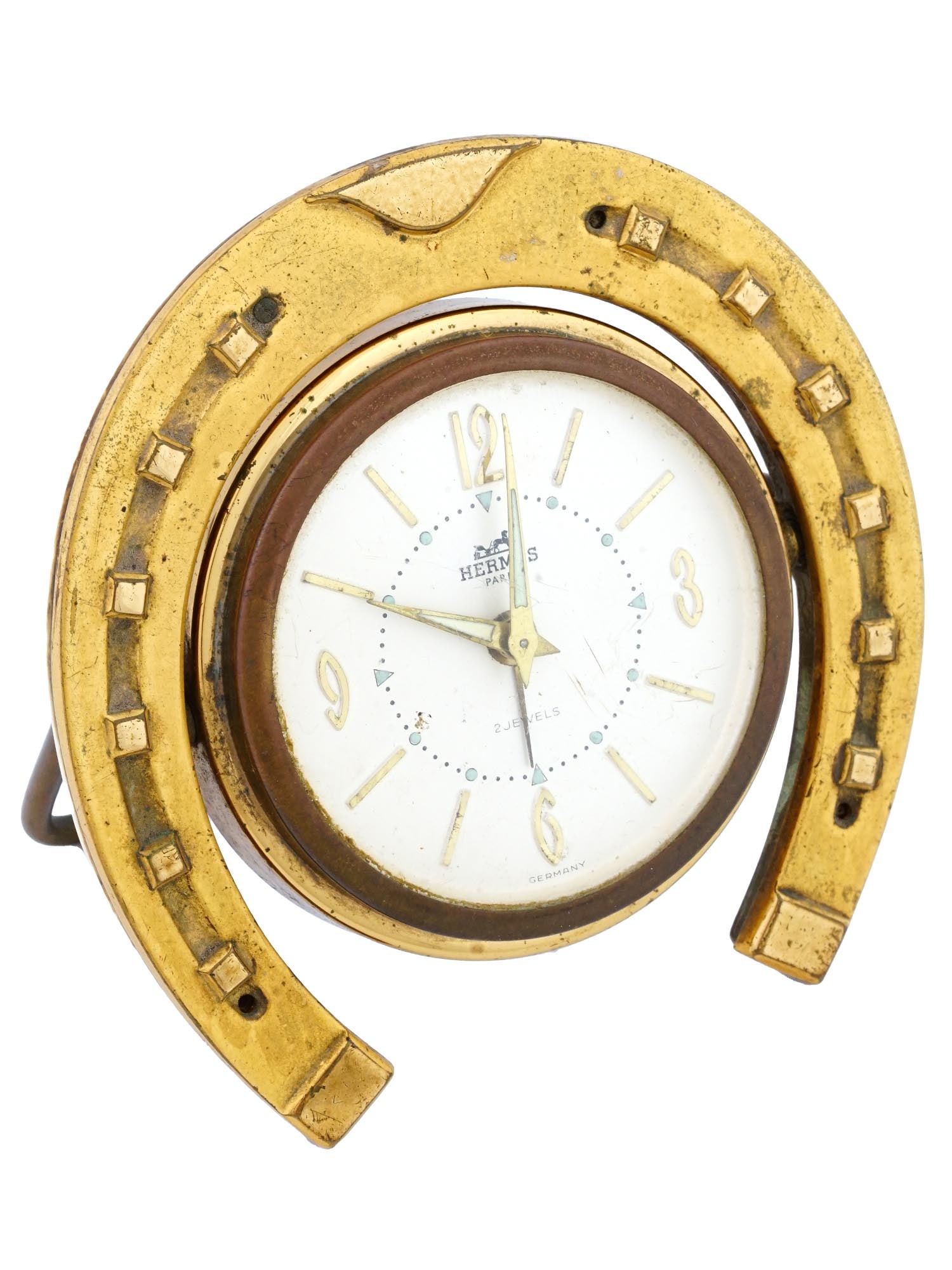 MID CENT HERMES GILT BRASS HORSESHOE TRAVEL CLOCK (1 of 8)