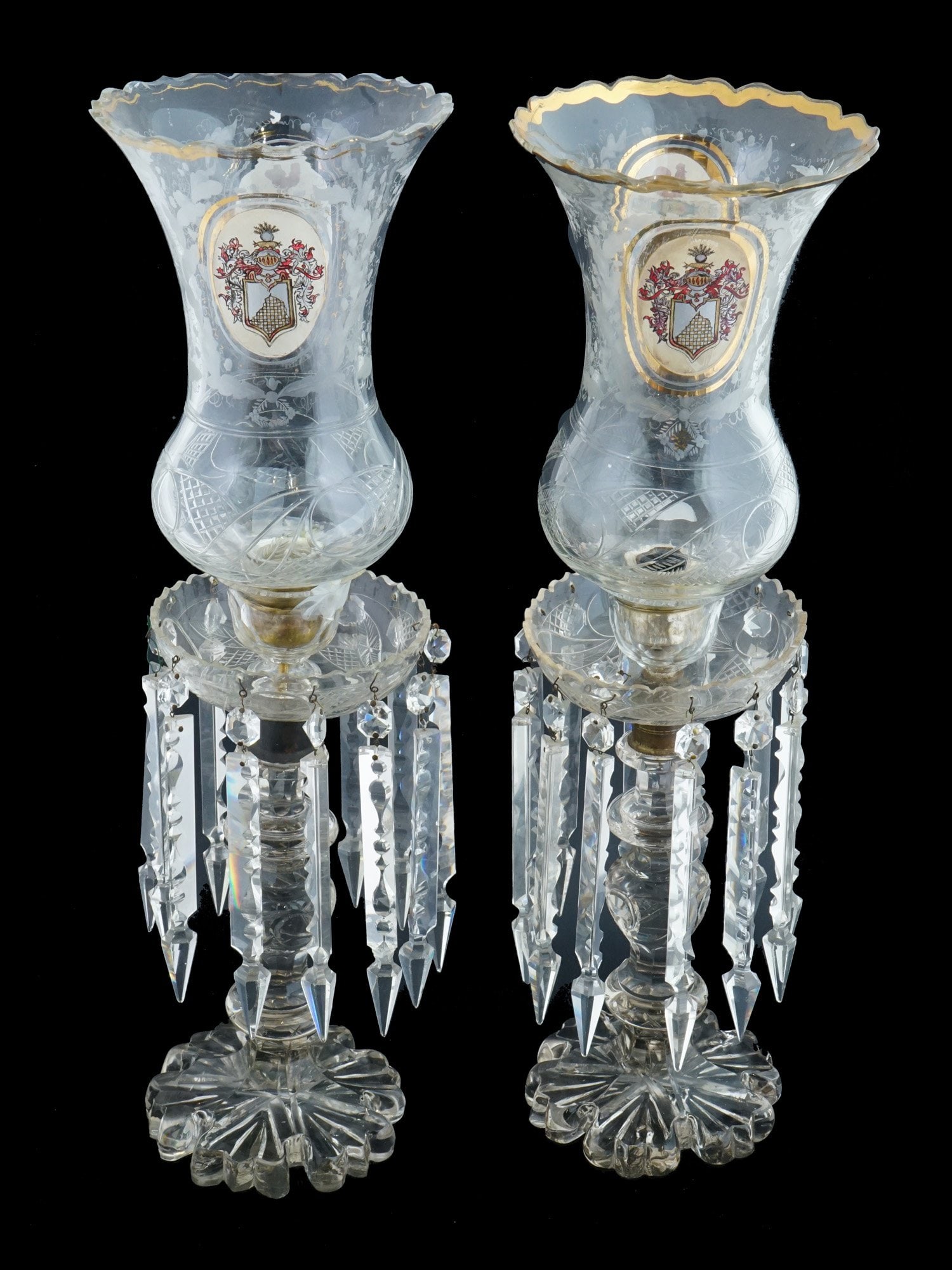 ANTIQUE CRYSTAL GLASS LUSTER LAMPS WITH COATS OF ARMS (1 of 7)