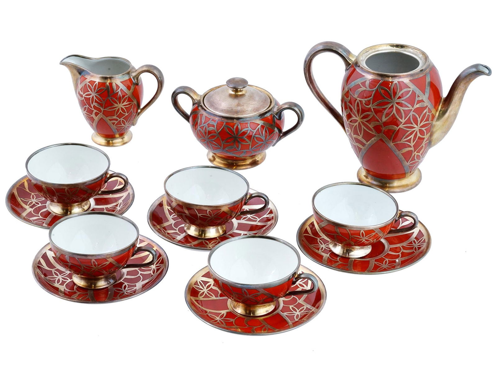 GERMAN THOMAS SILVER OVERLAYS PORCELAIN COFFEE SET (1 of 8)