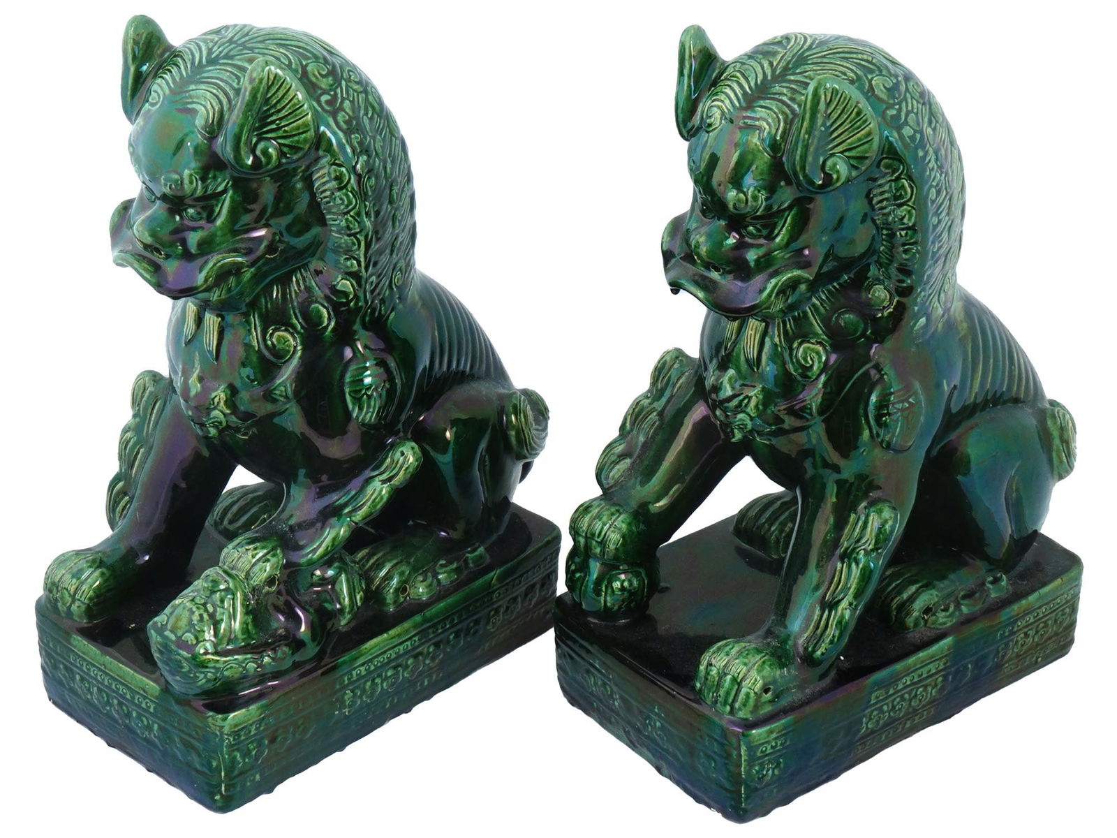 LARGE CHINESE GREEN GLAZED CERAMIC FOO DOGS FIGURES (1 of 9)