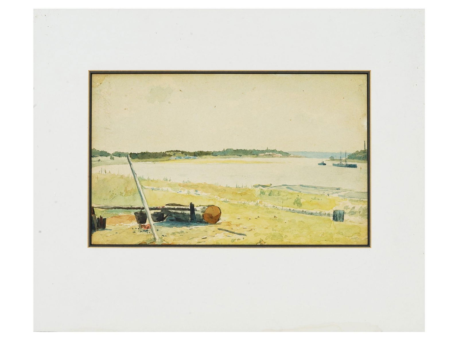 RUSSIAN ANTIQUE LANDSCAPE WATERCOLOR PAINTING 1900: An antique Russian landscape watercolor on paper painting, 1900. The beautiful watercolor work depicts a landscape in light light colors overlooking a wide river. Matted. Collectible Landscape Art For