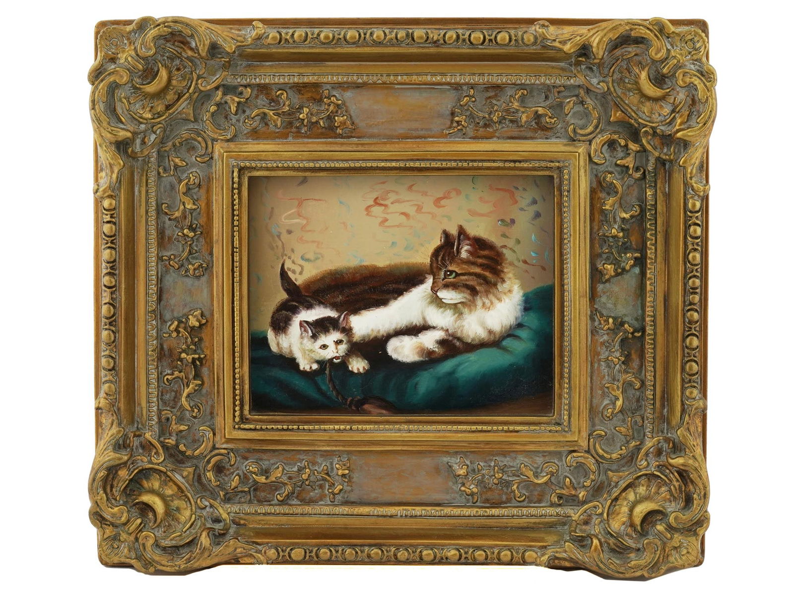 VINTAGE OIL ON CANVAS PAINTING CAT AND KITTEN (1 of 3)