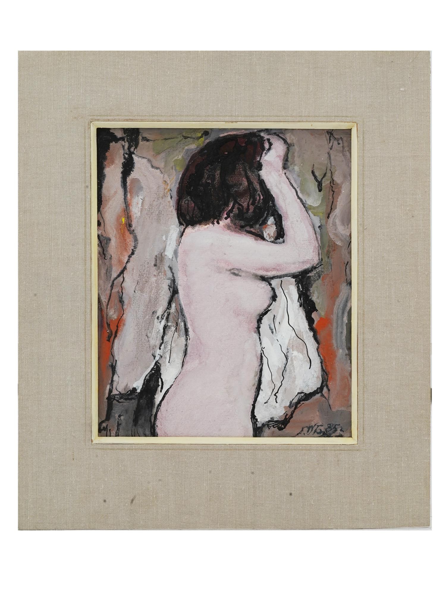 GEORGIAN NUDE MIXED MEDIA PAINTING BY PYOTR BLETKIN: Pyotr Peter Bletkin, Georgian, 1903 to 1988, mixed media painting on paper depicting a portrait of a nude woman, 1985. Signed with initials and dated, lower right. Matted. Additionally signed with ini