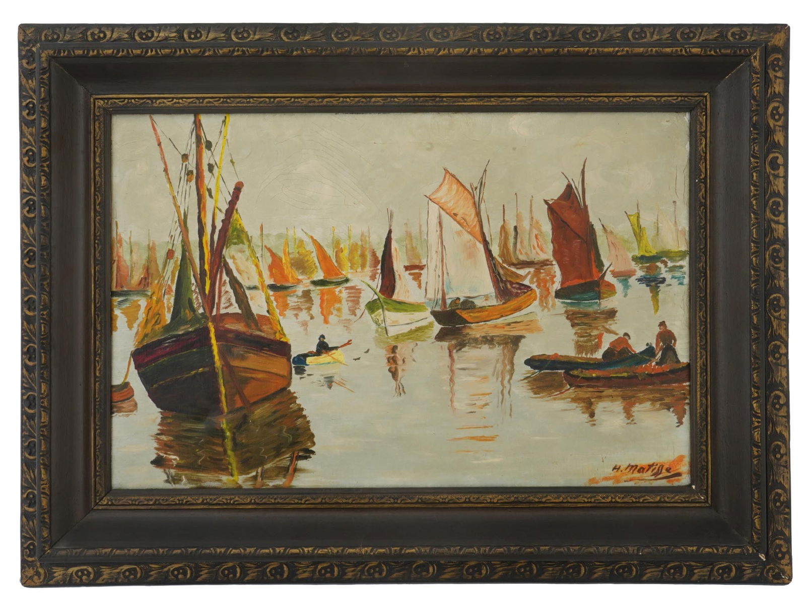 OIL ON CANVAS PAINTING AFTER HENRI MATISSE: An oil on canvas painting after Henri Matisse, 1876 to 1958, a French artist considered one of the principal figures of Fauvism alongside Andre Derain and Henri Matisse. The artwork depicts a colorful