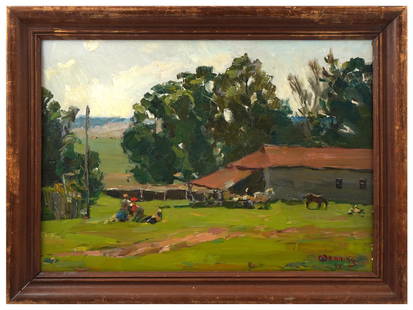 SOUTH AFRICAN OIL PAINTING SIGNED PIETER WENNING: Signed Pieter William Frederick Wenning oil on board painting depicting an Impressionist landscape with a farm house. Signed and dated 17, on the lower right. Signed in an old wooden frame. Pieter Wil