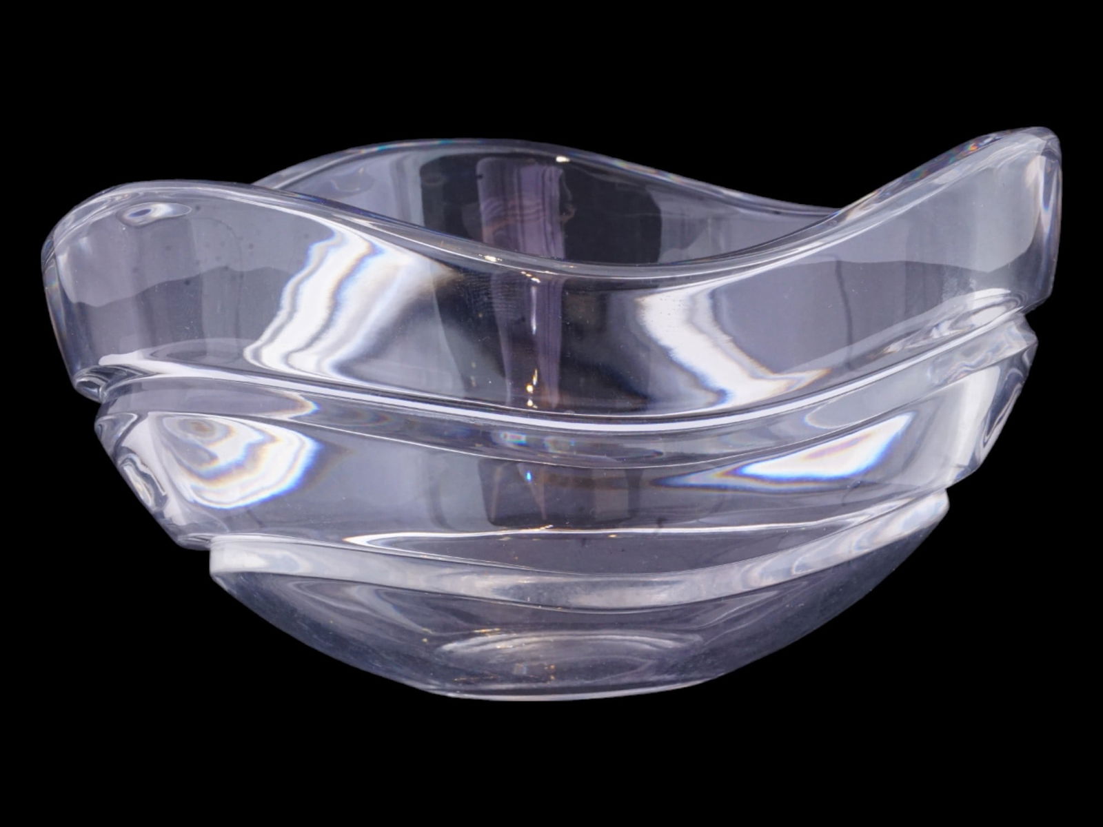 TIFFANY AND CO WAVE DESIGN CRYSTAL GLASS BOWL IOB: A Tiffany and Co crystal glass bowl. The bowl is made in wave design. Designed by Josef Riedel JR. Circa: 1976. Marked with Tiffany and Co and JR marks, on the bottom. Presented in an original case. V