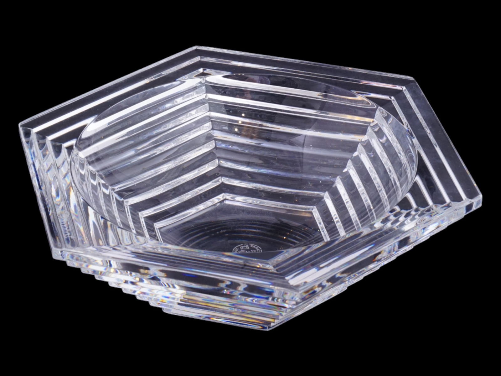 ART DECO BACCARAT THOMAS BASTIDE ORSAY CRYSTAL TRAY: An Art Deco manner Baccarat and Thomas Bastide crystal glass tray from the Orsay series. Circa: 1988 to 1989. The hexagonal shaped tray os made in a ribbed design. Marked with a stamp, Baccarat France