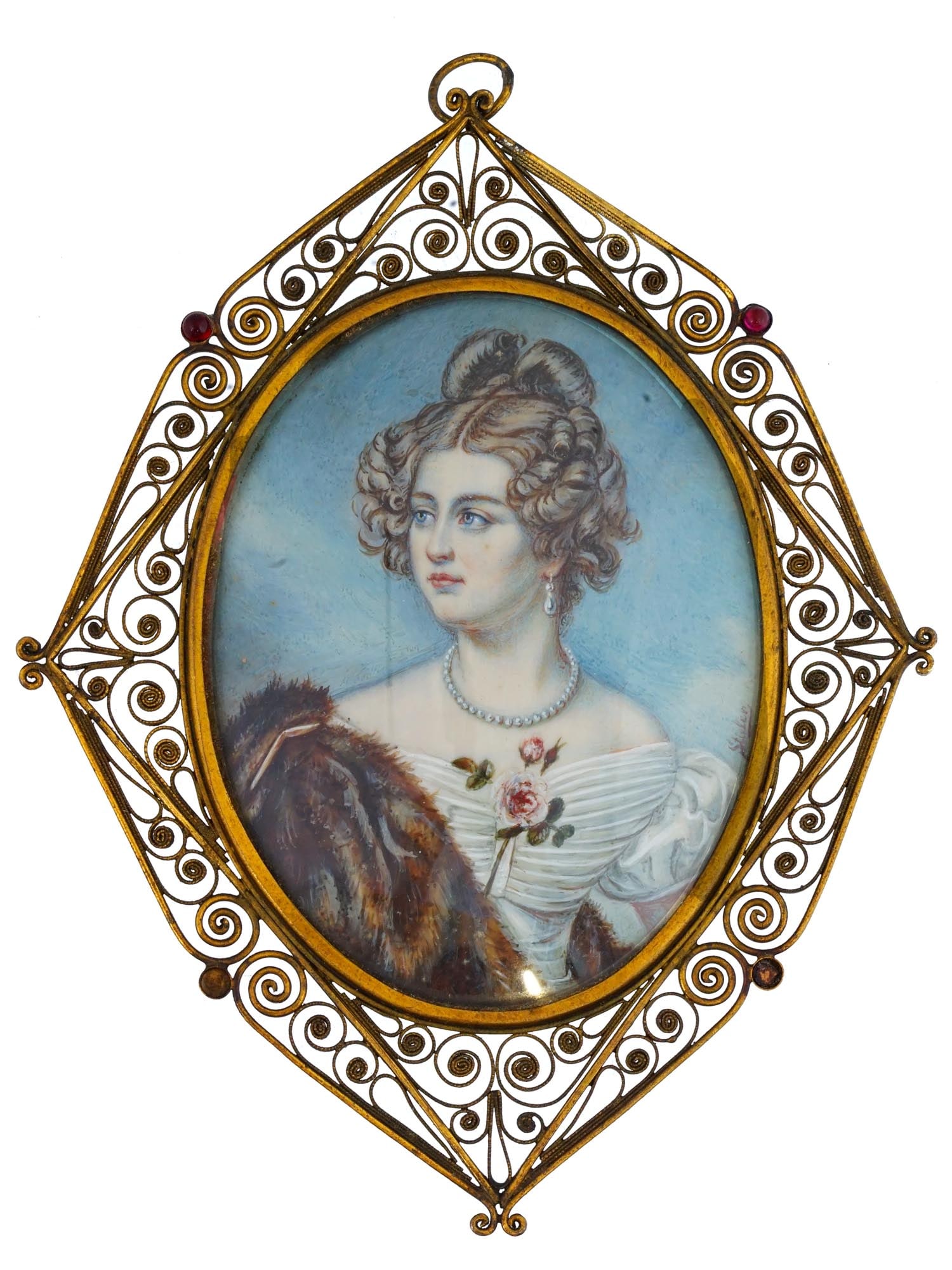 MINI PAINTED LADY PORTRAIT PORCELAIN PLAQUE SIGNED: A miniature oval shaped hand painted portrait of a lady on a porcelain plaque after the original oil painting, Portrait of Amalie Adlerberg Von Krudener, by Joseph Karl Stieler, 1781 to 1858. Signed b
