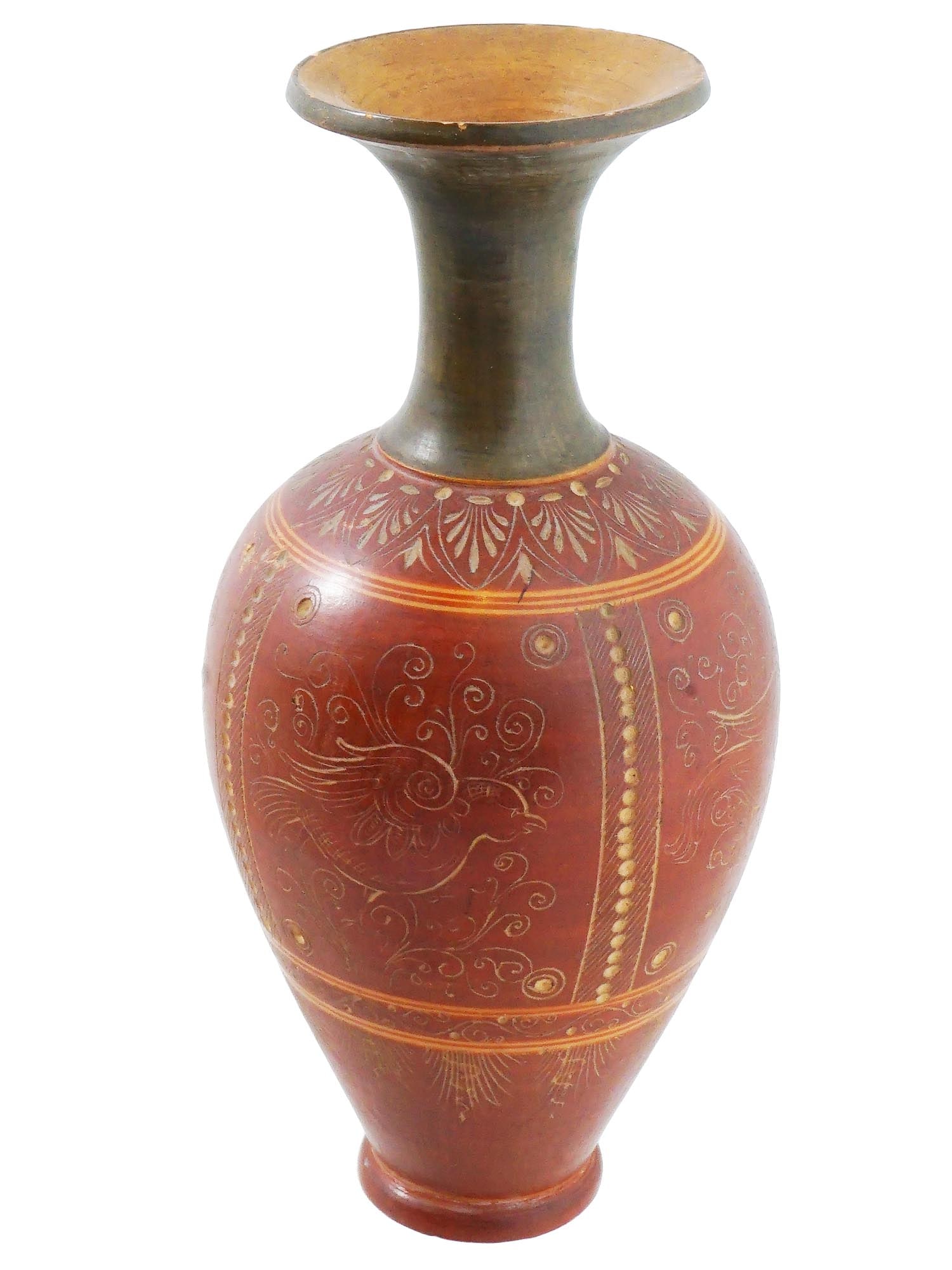 19TH CENTURY GRAND TOUR GREEK MANNER ETCHED VESSEL: An antique Italian Grand Tour Greek manner pottery vessel with a wide flat lip. The exterior of the ware is adorned with an etched decoration representing birds in a foliate scroll ornament. The neck 