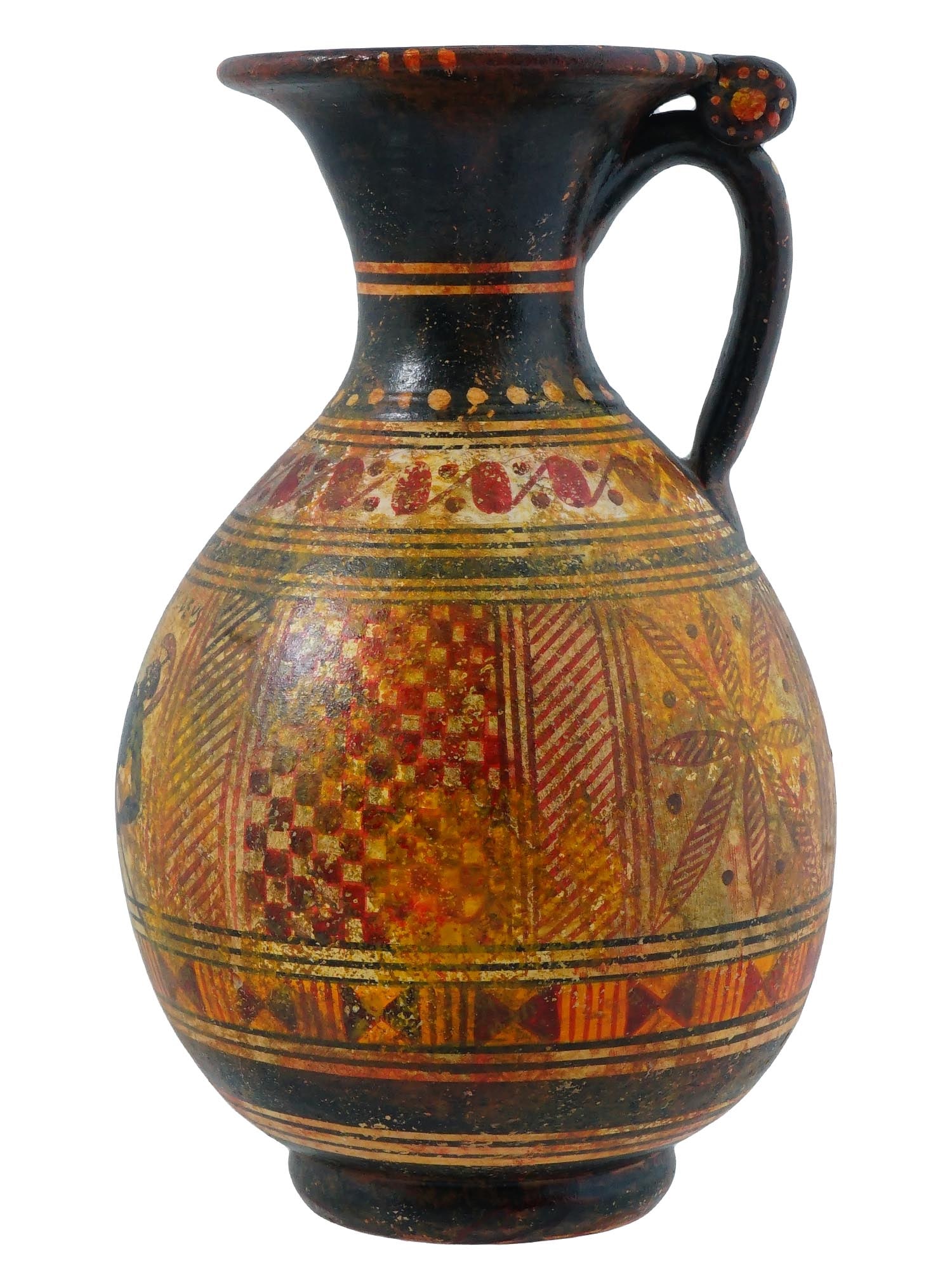 19TH CENTURY GRAND TOUR ATTIC GREEK MANNER VESSEL: An antique Italian Grand Tour Attic Greek manner pottery vessel with a wide flat lip, and a loop handle. The exterior of the ware is adorned with a portrait of Achilles surrounded by panels with geome