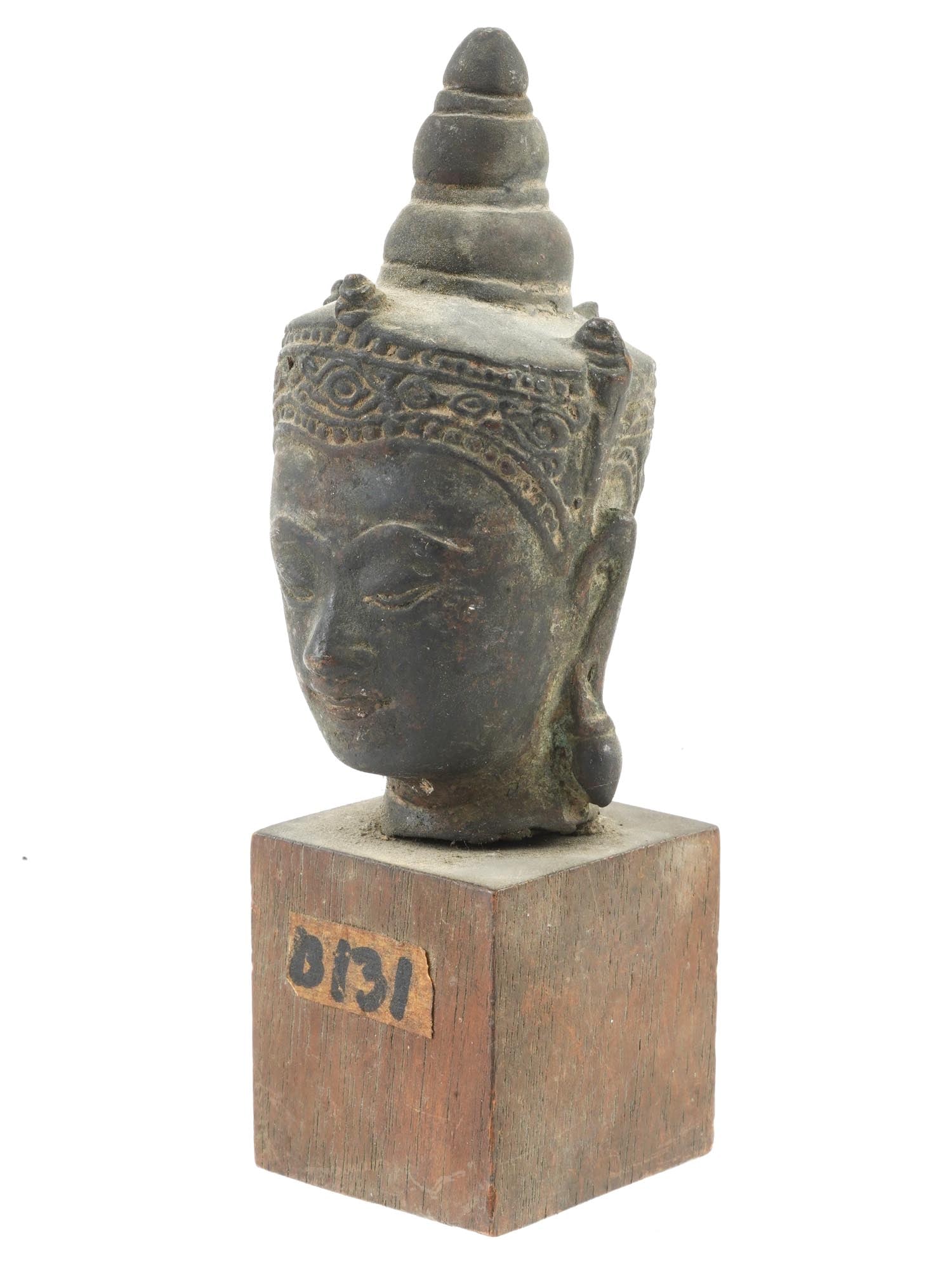 SMALL ANTIQUE BRONZE CROWNED BUDDHA HEAD ON WOODEN BASE (1 of 7)