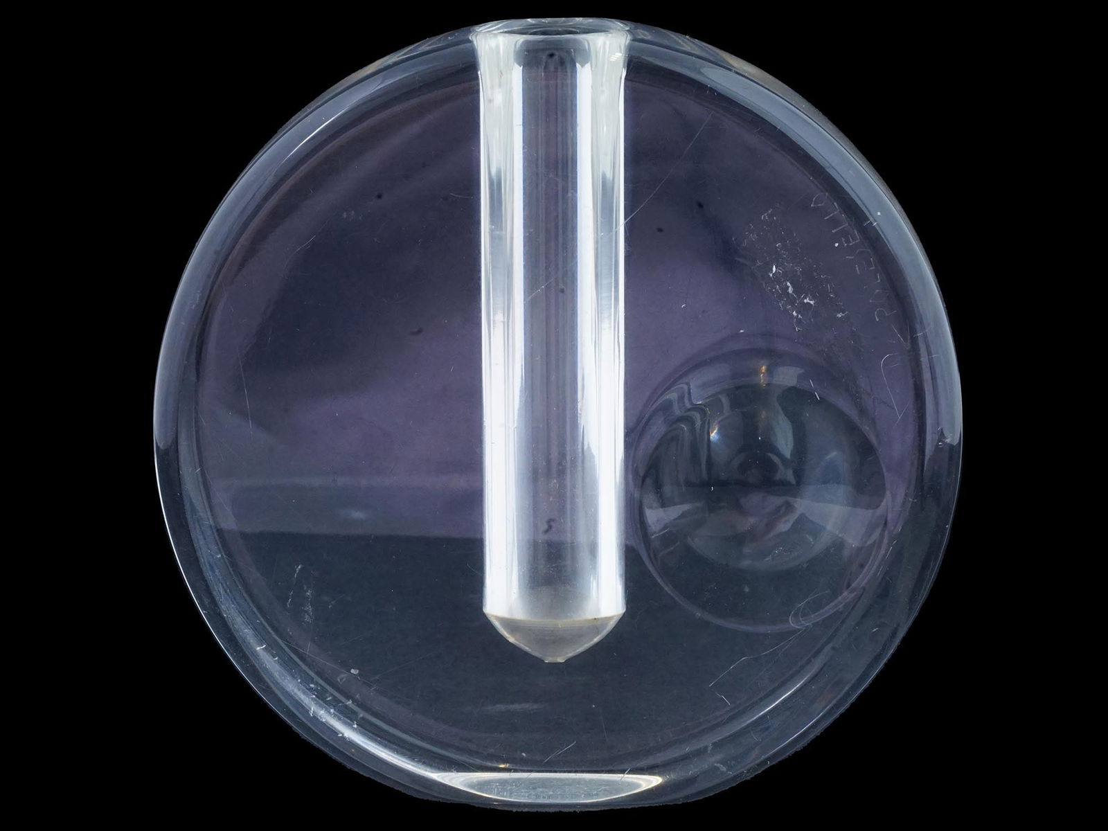 ROGELIO POLESELLO ARGENTINE ACRYLIC SCULPTURAL VASE: Rogelio Polesello, Argentinian, 1939 to 2014, circular shaped acrylic sculptural vase made in the Op Art manner. Signed with etching, Polesello. Rogelio Polesello was an Argentine painter, muralist an