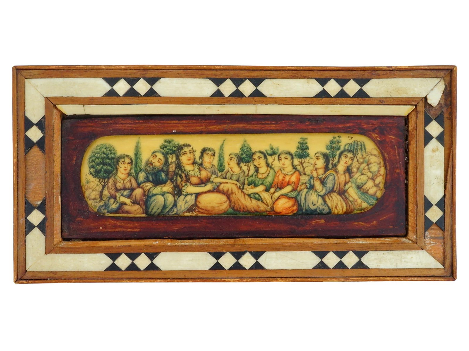 MINIATURE ANTIQUE PERSIAN PAHLAVI EMPIRE ARTWORK: A miniature Persian Reza Pahlavi Empire period hand painted on wood and natural material artwork. The artwork represents a group portrait, probably a family portrait. The painting is adorned with fram