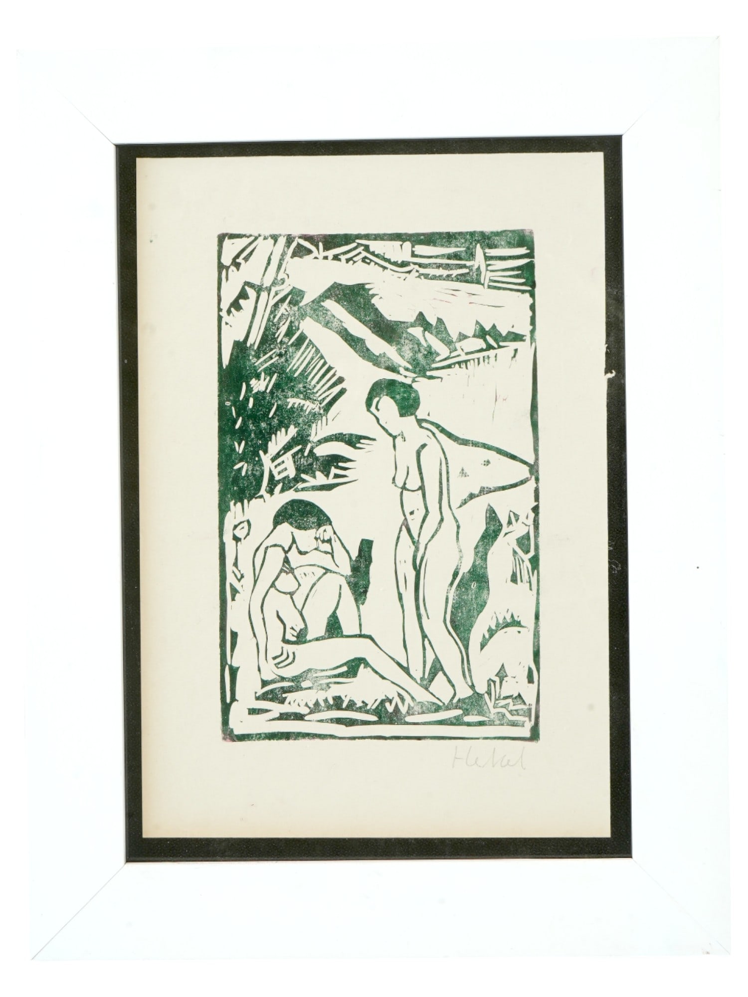GERMAN LIMITED ED WOODCUT PRINT BY ERICH HECKEL: A limited edition woodcut by Erich Heckel, 1883 to 1970, titled Badende Am Strand Bathers on the Beach. Cicra 1923. Signed with pencil lower right. Edition of 300. Erich Heckel, German painter and sup