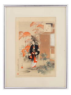 ORIGINAL ANTIQUE JAPANESE PRINT BY TOSHIKATA: Mizuno Toshikata, Japanese, 1866 to 1908, an original genuine old wood block print Tea Gathering: Woman of the Hoei Era 1704 to 11, from the series Thirty-six Elegant Selections (Sanjuroku kasen),