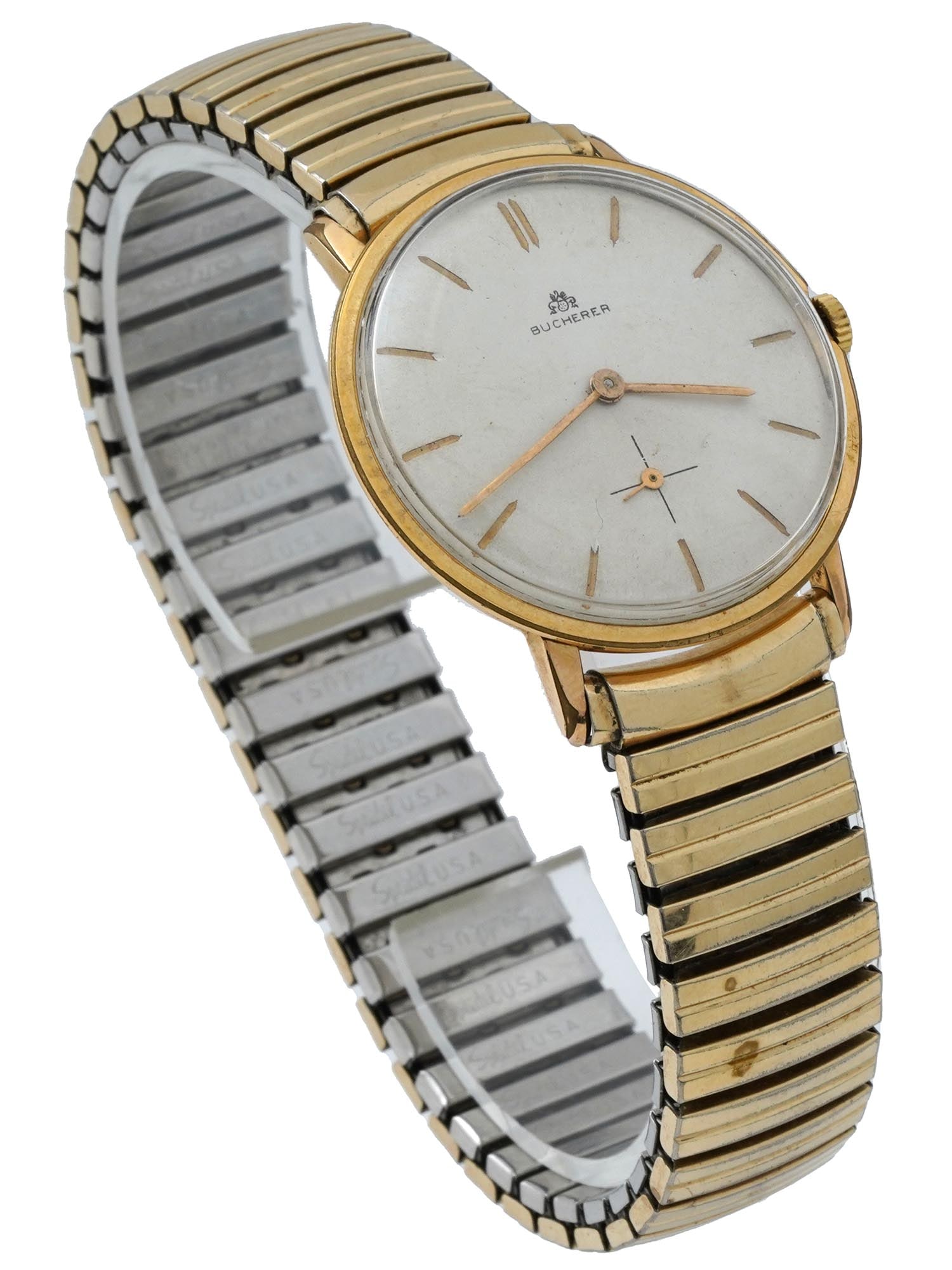 MID CENT BUCHERER SWISS GOLD PLATED WRISTWATCH: A mid-20th century wristwatch by Carl F. Bucherer, a Swiss brand established in 1888. 10K yellow gold-plated round case with single crown. Smooth bezel. White enamel dial with gilt stick indexes and s