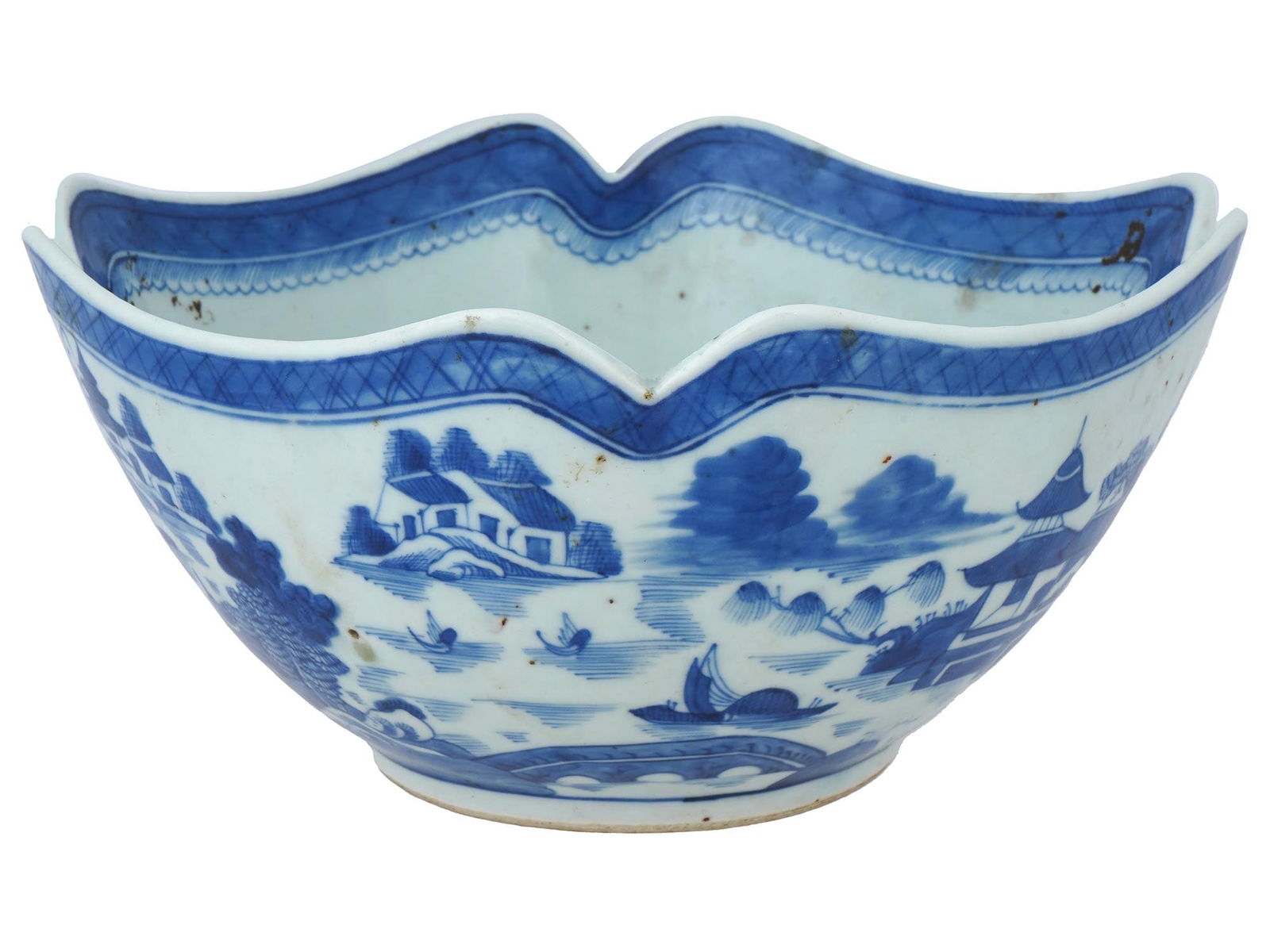 ANTIQUE CANTON PATTERN BLUE WHITE PORCELAIN BOWL (1 of 4)