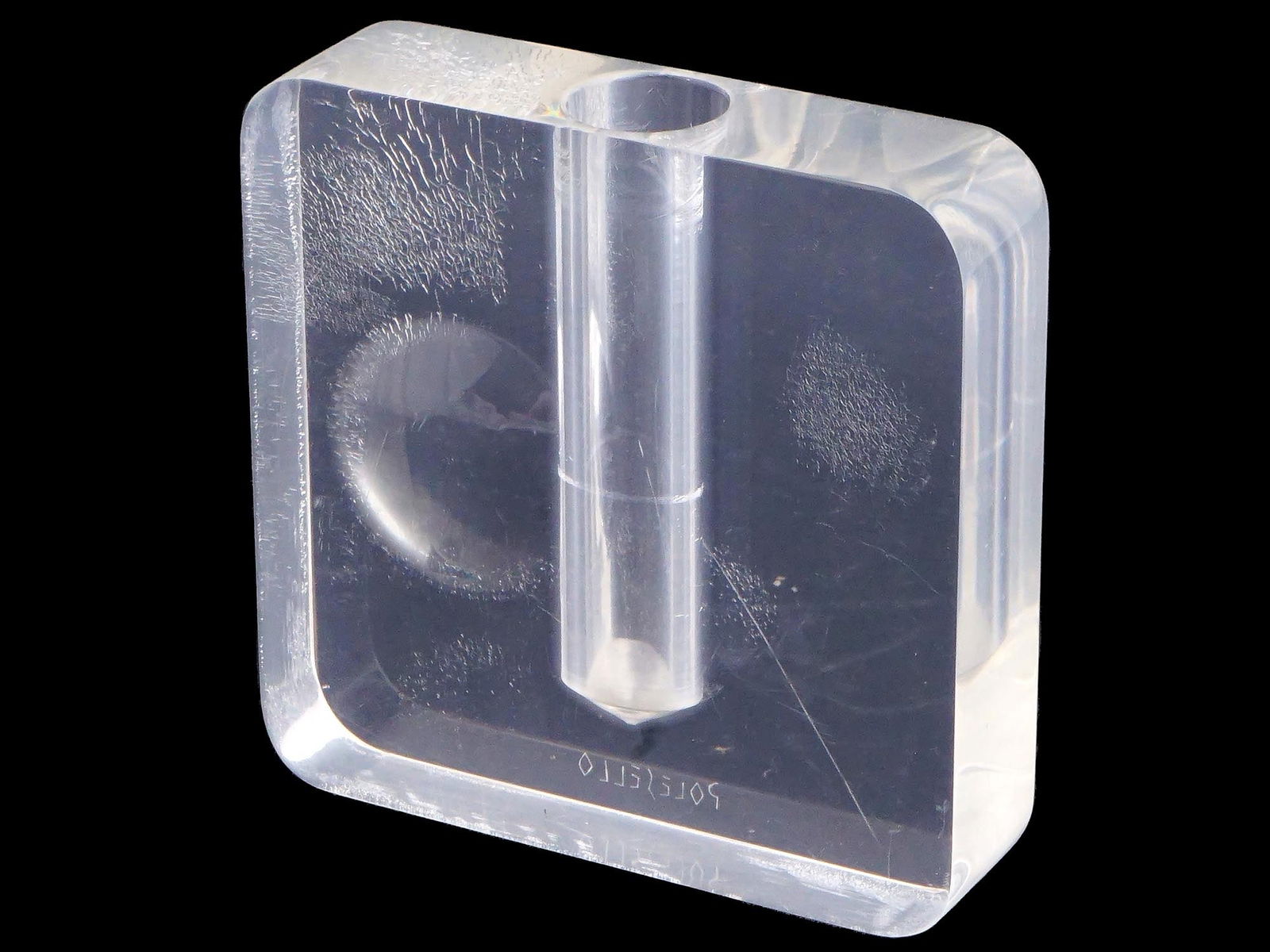 ROGELIO POLESELLO ARGENTINIAN ACRYLIC SCULPTURAL VASE: Rogelio Polesello, Argentinian, 1939 to 2014, rectangular shaped acrylic sculptural vase made in the Op Art manner. Signed with etching, Polesello. Rogelio Polesello was an Argentine painter, muralist