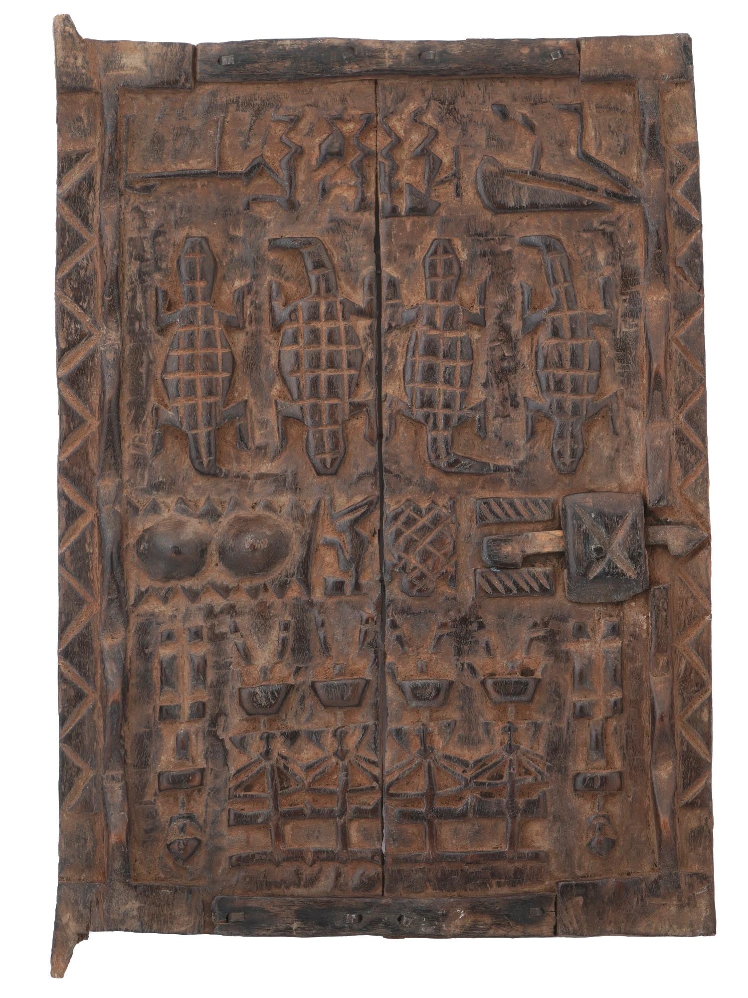 WEST AFRICAN MALI DOGON PEOPLE WOODEN TRIBAL WINDOW: A West African Mali Dogon people tribal window. Carved from wood with exquisite craftsmanship, this window features intricate animal and plant ornaments that reflect the rich symbolism and spiritual b