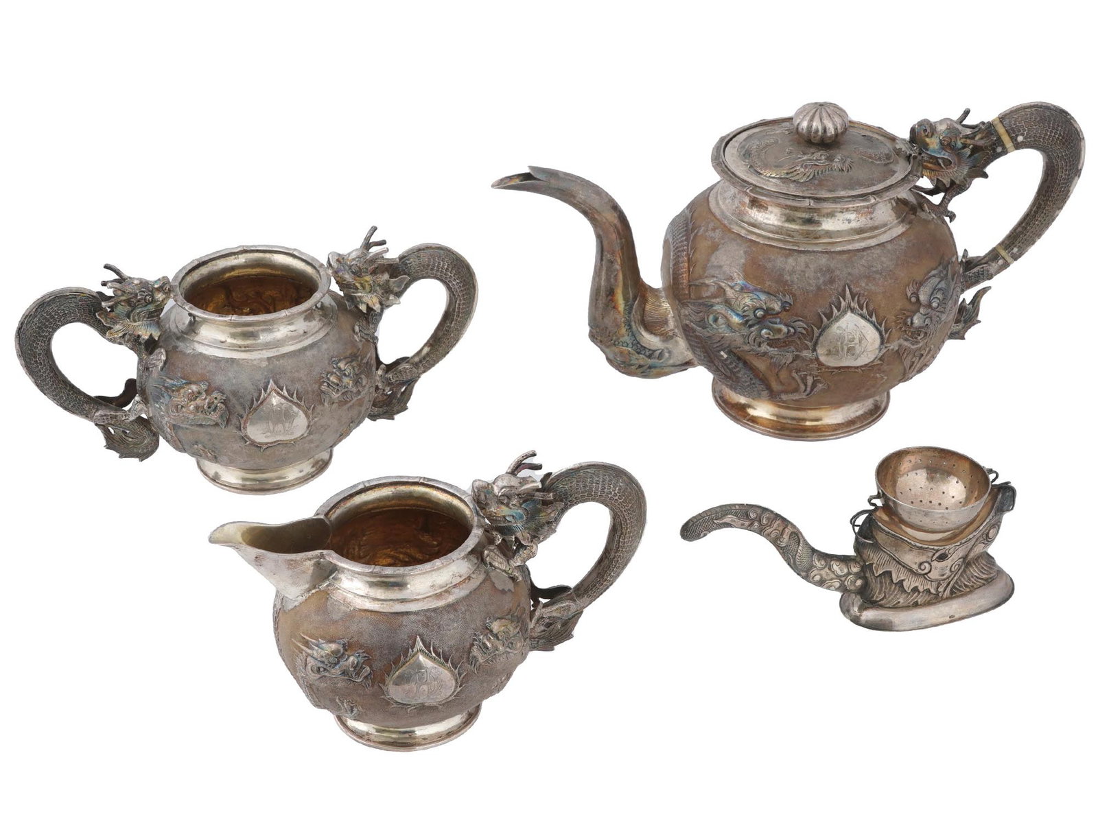 CHINESE VIETNAMESE EXPORT DRAGON SILVER TEA SET (1 of 12)