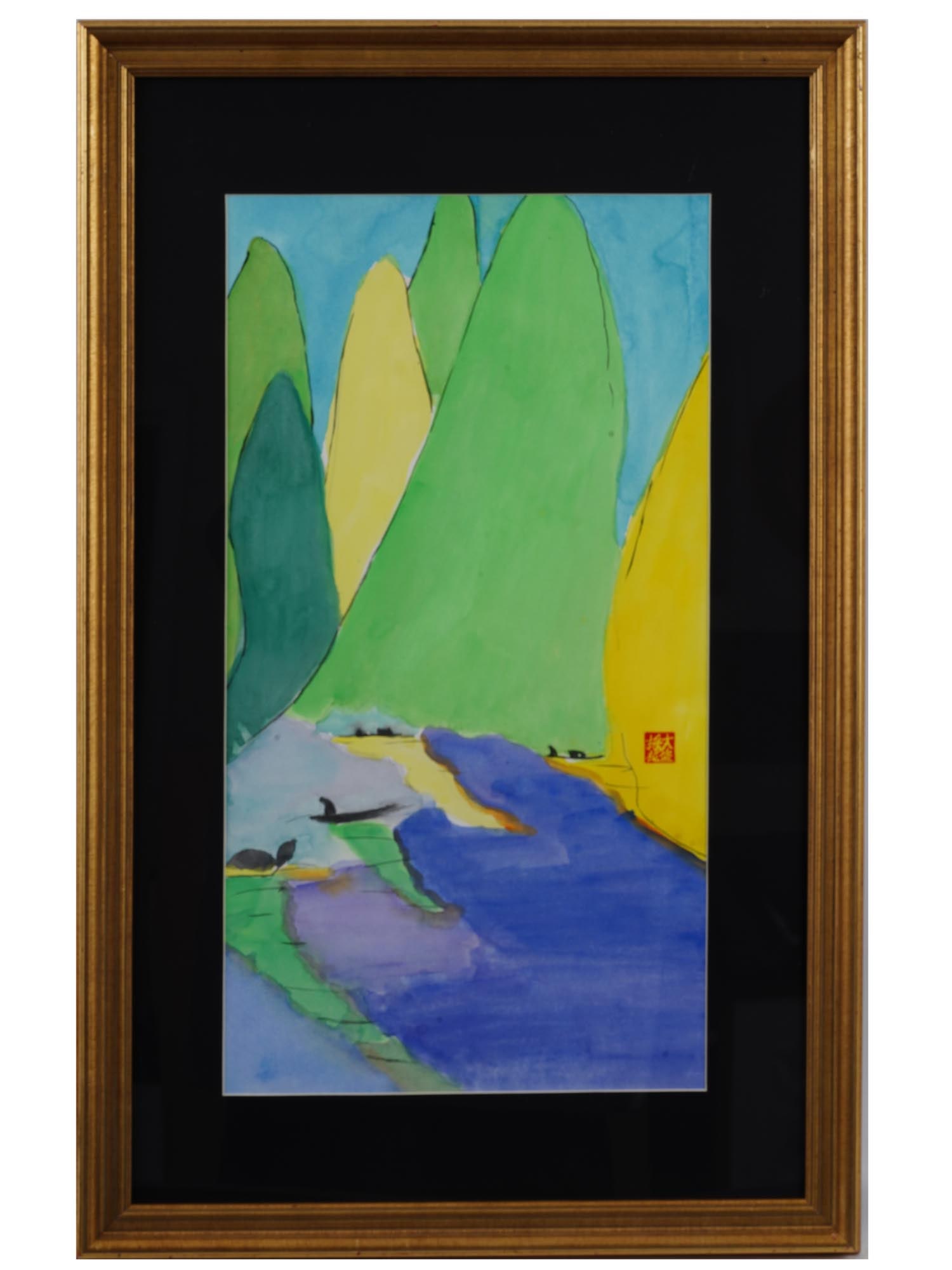 CHINESE AMERICAN LANDSCAPE PAINTING WALASSE TING: Walasse Ting, Chinese American, 1928 to 2010, a landscape watercolor painting on paper, sealed with the artists stamp to the right. Matted and framed. Walasse Ting was a visual artist and poet. His co