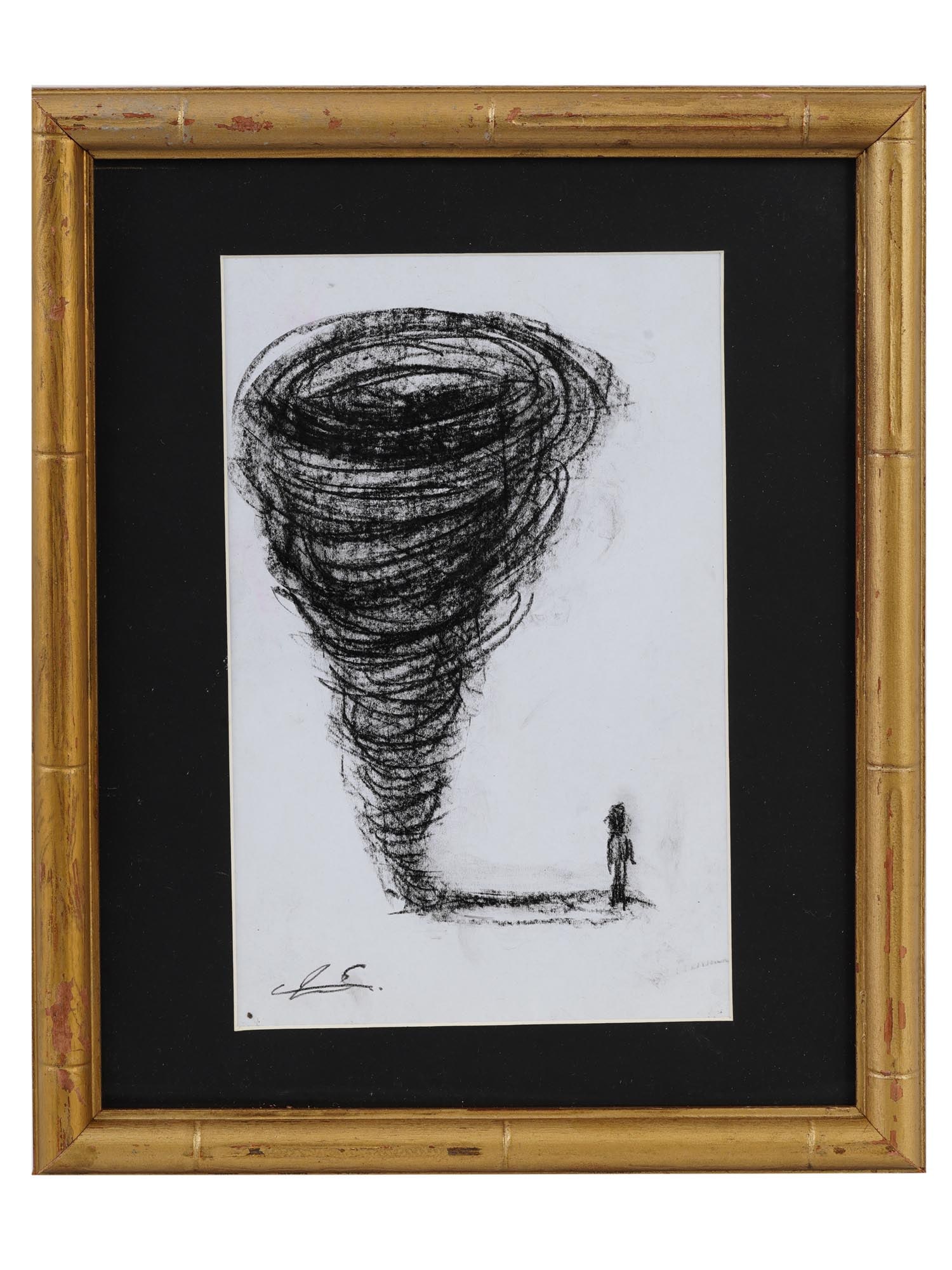 MODERN JAPANESE YOSHITOMO NARA CARICATURE PAINTING: Chiharu Shiota, Japanese, born 1972, an ink painting on paper depicting a human figure shading a tornado. Signed lower left. Matted and framed. Chiharu Shiota is a performance and installation artist.