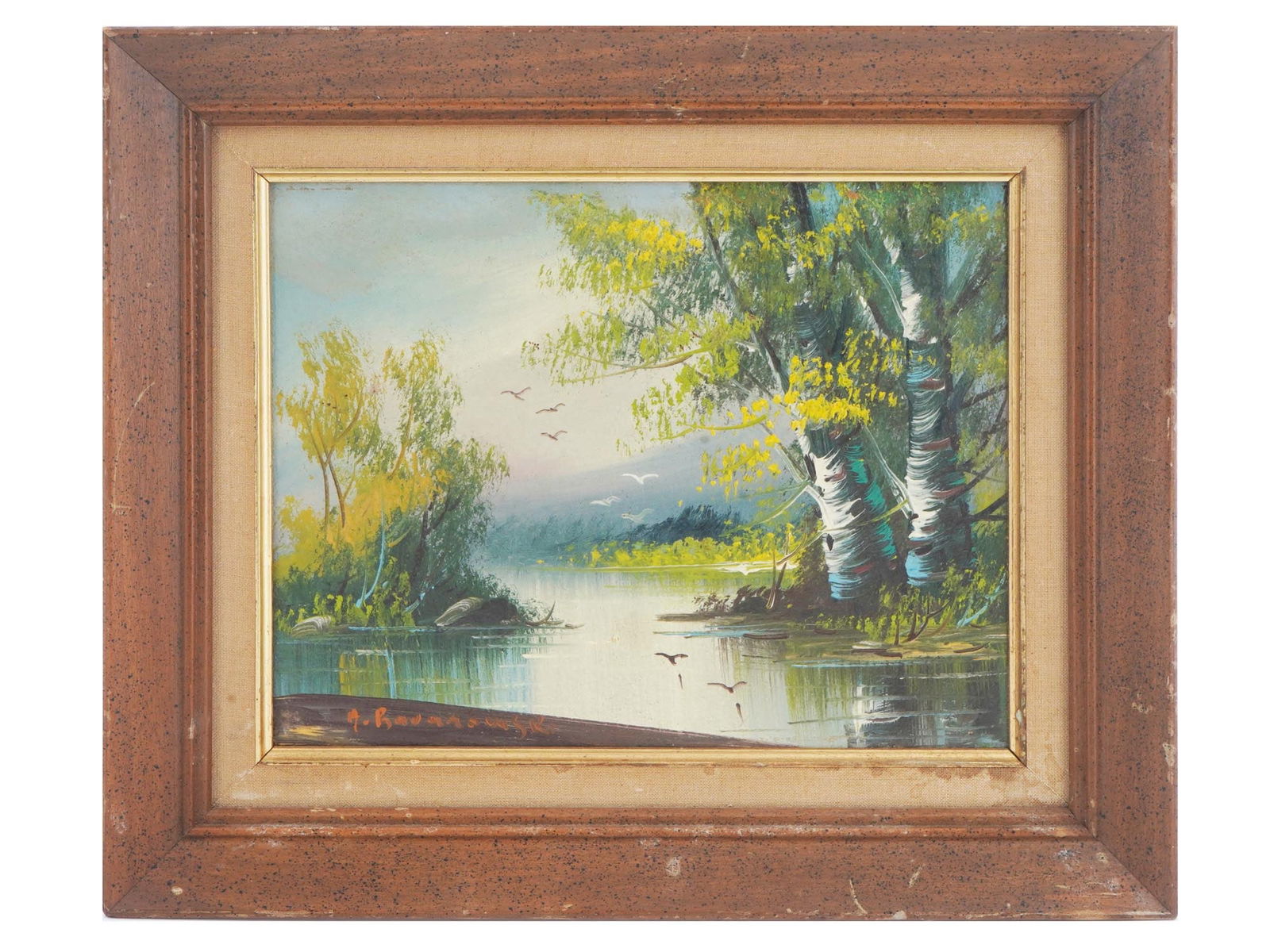 POLISH LANDSCAPE OIL PAINTING BY HENRYK BARANOWSKI: Henryk Baranowski, Polish, 1932 to 2005, oil painting on canvas mounted on board depicting a river landscape. Signed lower left. Framed. Henryk Baranowski was a Polish painter, mariner, known for land