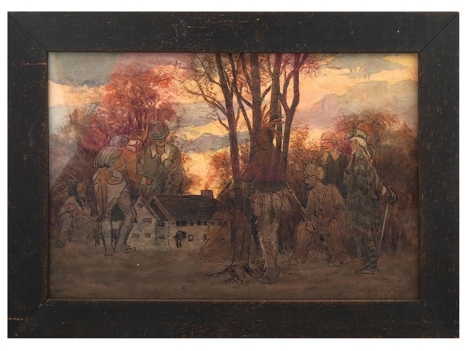 ANTIQUE WATERCOLOR PAINTING PILGRIMS AND INDIANS: An antique watercolor painting on paper depicting a group of pilgrims and Indians around a house in a forest landscape. Unsigned. Dated circa 1900. Housed in an old wooden frame. Bears a Veerhoff Gall