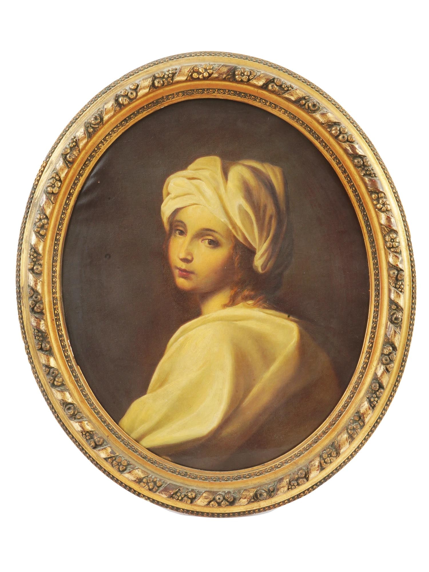 ANTIQUE BAROQUE OIL PAINTING AFTER GUIDO RENI: An antique oval oil painting on canvas depicting a female portrait after the original oil painting on canvas Portrait of Beatrice Cenci, circa 1600, attributed to the Italian Baroque painter Guido Ren