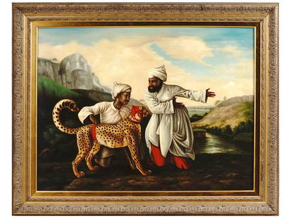 CHEETAH AND STAG OIL PAINTING AFTER GEORGE STUBBS: Oil on canvas painting, a reproduction of a 1765 artwork titled Cheetah and Stag with Two Indians by George Stubbs, 1724 to 1806, an English painter best known for his paintings of animals. The