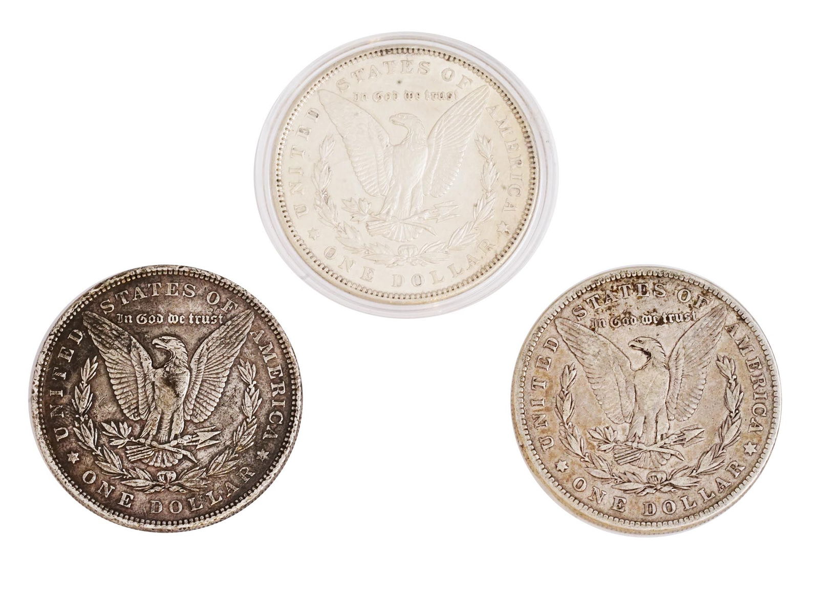 TRIO OF ANTIQUE AMERICAN MORGAN DOLLAR SILVER COINS (1 of 5)