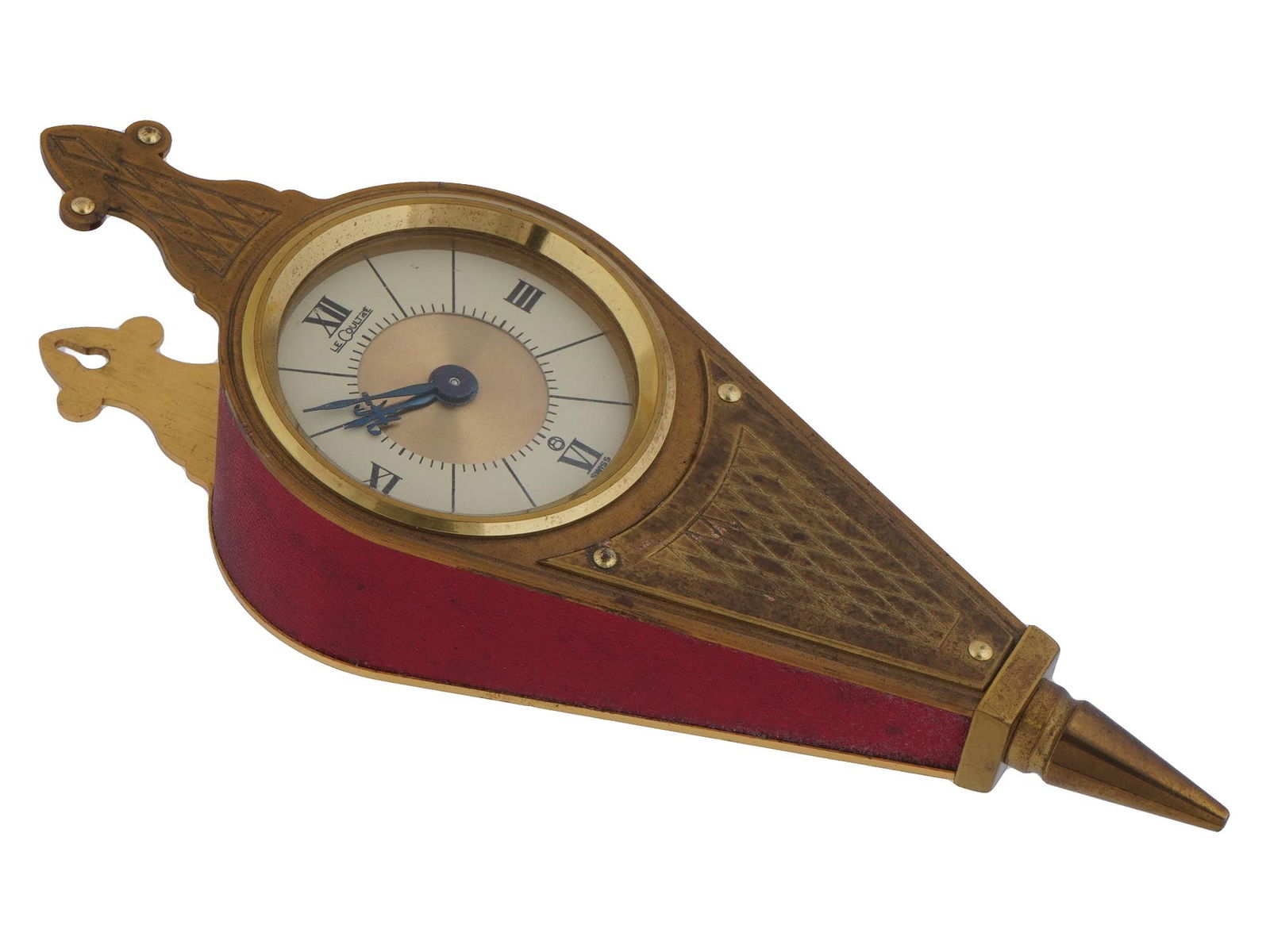 SWISS JAEGER LECOULTRE BELLOWS BRASS WALL CLOCK: A Swiss Jaeger LeCoultre 8 Day 427 brass wall clock in the shape of Bellows. Circa 1960 to 1969. Unusual Bellows wall clock with round white dial, Roman numerals, marked LeCoultre 8 Swiss. Rhombus sha