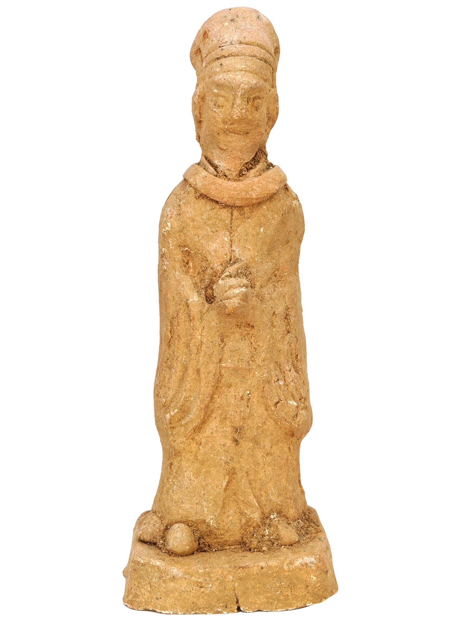 ANCIENT CHINESE TANG DYNASTY TERRACOTTA COURT FIGURE: An ancient Chinese Tang Dynasty terracotta molded standing court figure. The figure is shown standing in a relaxed and elegant pose. Depicted in a richly draped robe, which falls to the feet in heavy 
