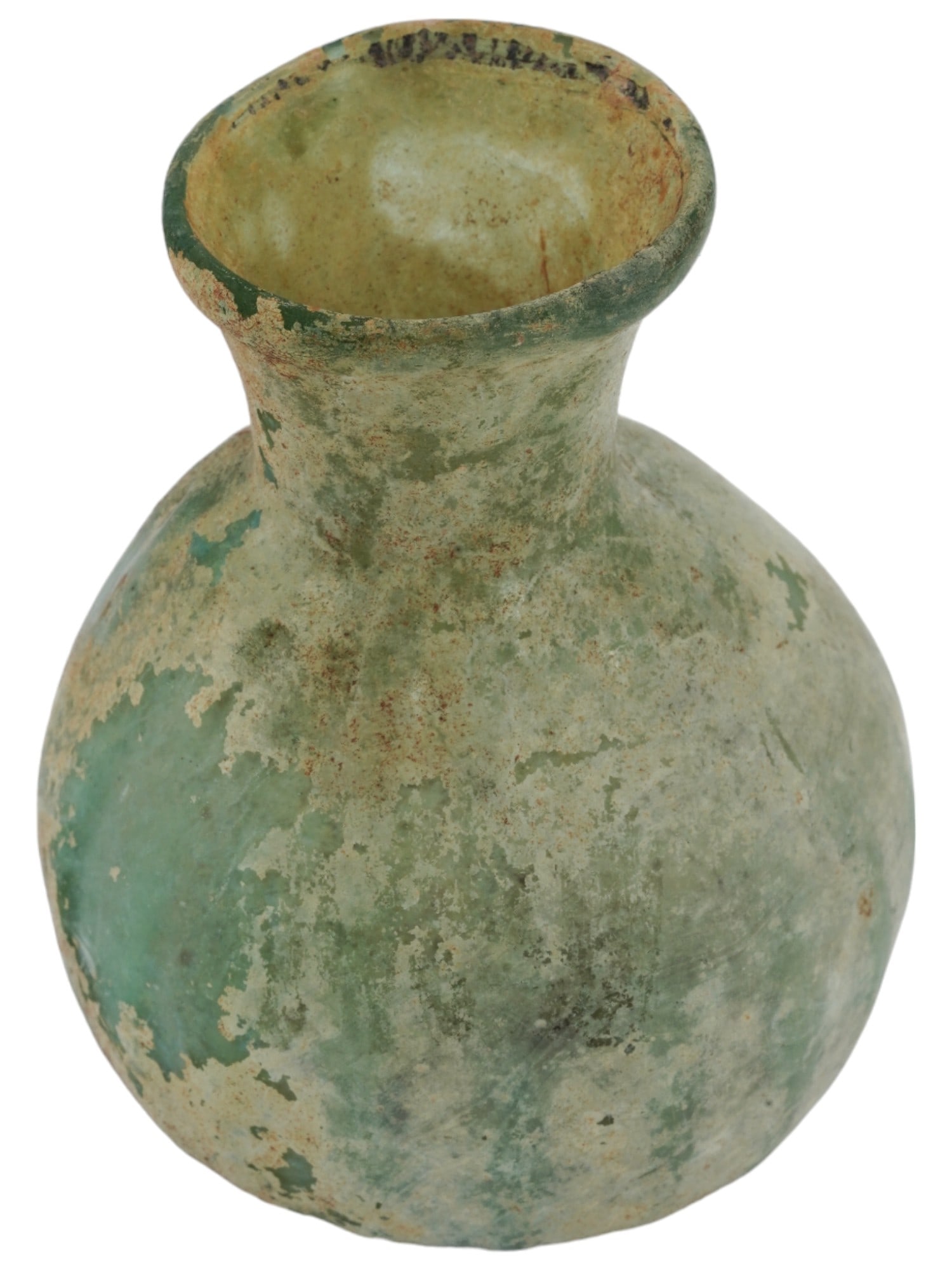 ANCIENT ROMAN AQUA GLASS BOTTLE PERFUME SPRINKLER: An ancient Roman aqua glass bottle perfume sprinkler. A globular shaped body with a fluted mouth. During the 1st century AD the industry underwent rapid technical growth that saw the introduction of g