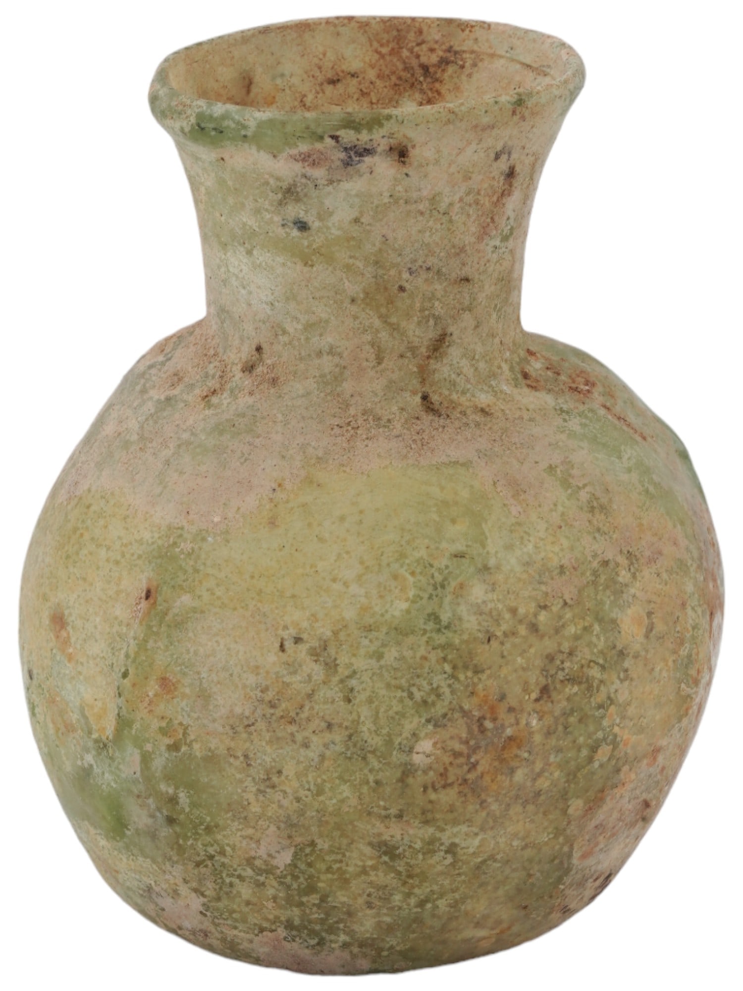 ANCIENT ROMAN AQUA GLASS BOTTLE PERFUME SPRINKLER: An ancient Roman aqua glass bottle perfume sprinkler. A globular shaped body with a fluted mouth. During the 1st century AD the industry underwent rapid technical growth that saw the introduction of g