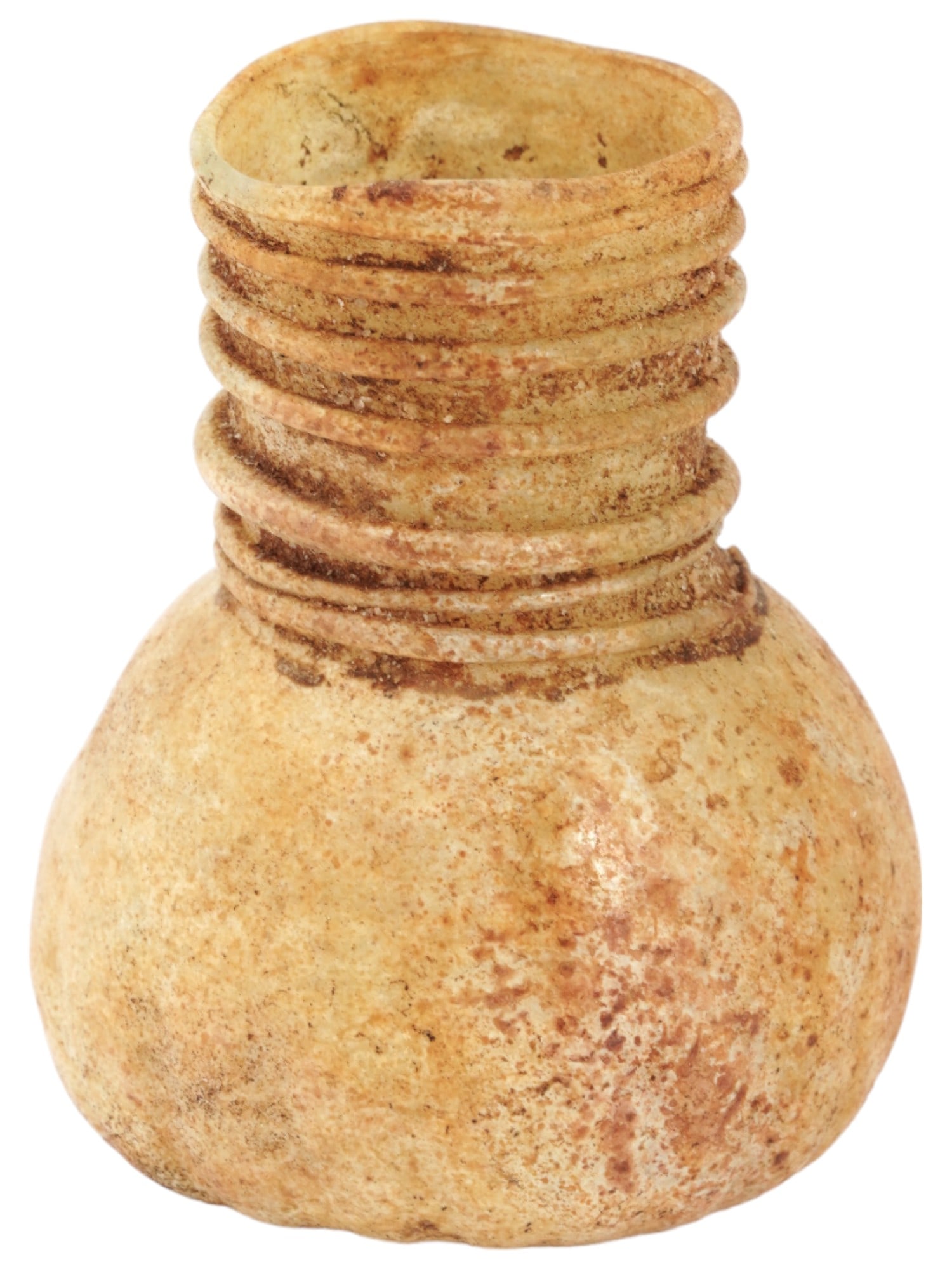 ANCIENT ROMAN GLASS BOTTLE W SPUN WRAP DECORATION: An ancient Roman decorated glass bottle. Found in Lebanon. The neck of the ware is adorned with a spun glass wrap decoration. During the 1st century AD the industry underwent rapid technical growth th