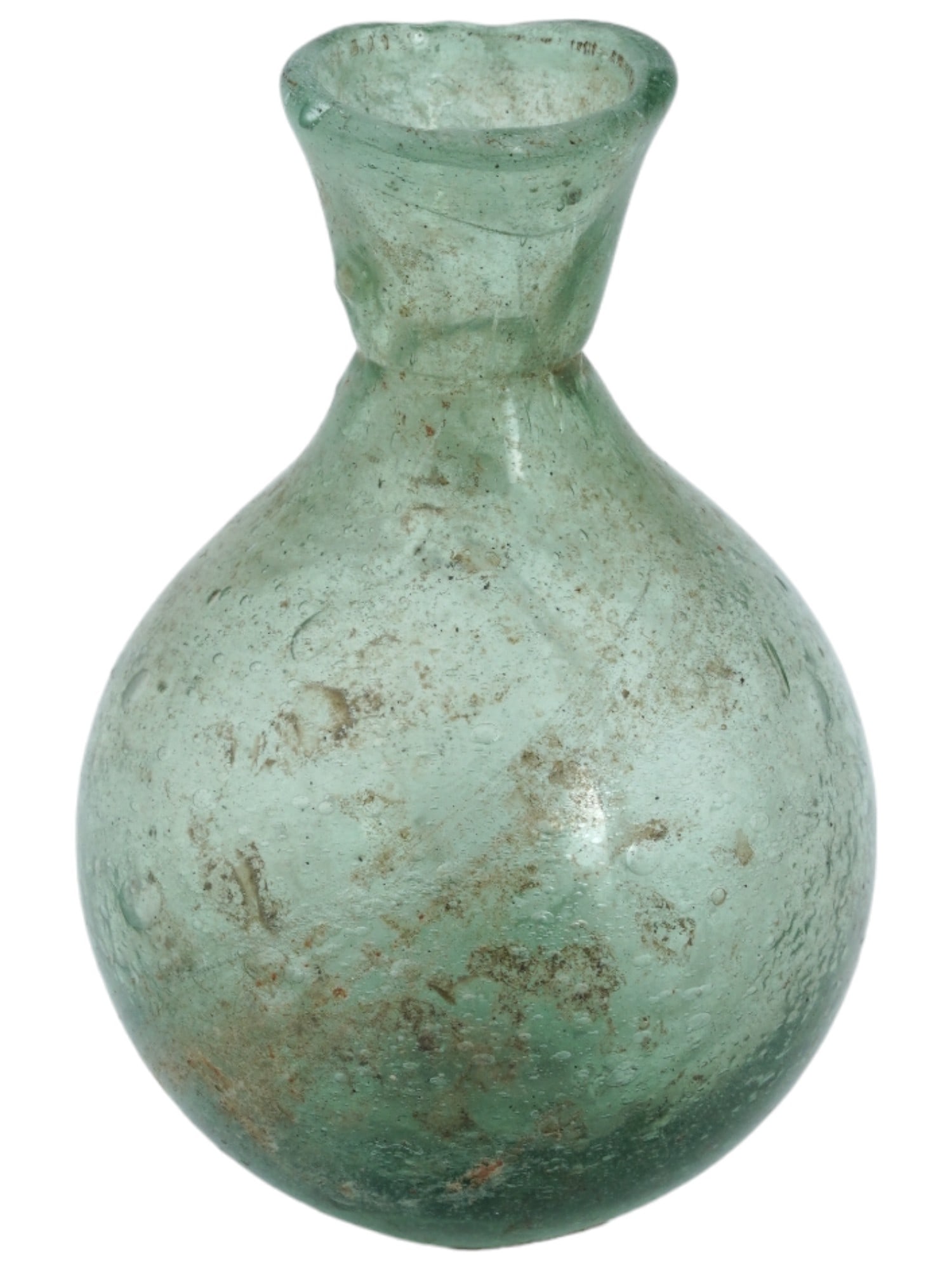ANCIENT ROMAN AQUA GLASS BOTTLE PERFUME SPRINKLER: An ancient Roman aqua glass bottle perfume sprinkler with a pontil base. Found in Syria. A globular shaped body with a fluted mouth. During the 1st century AD the industry underwent rapid technical gr