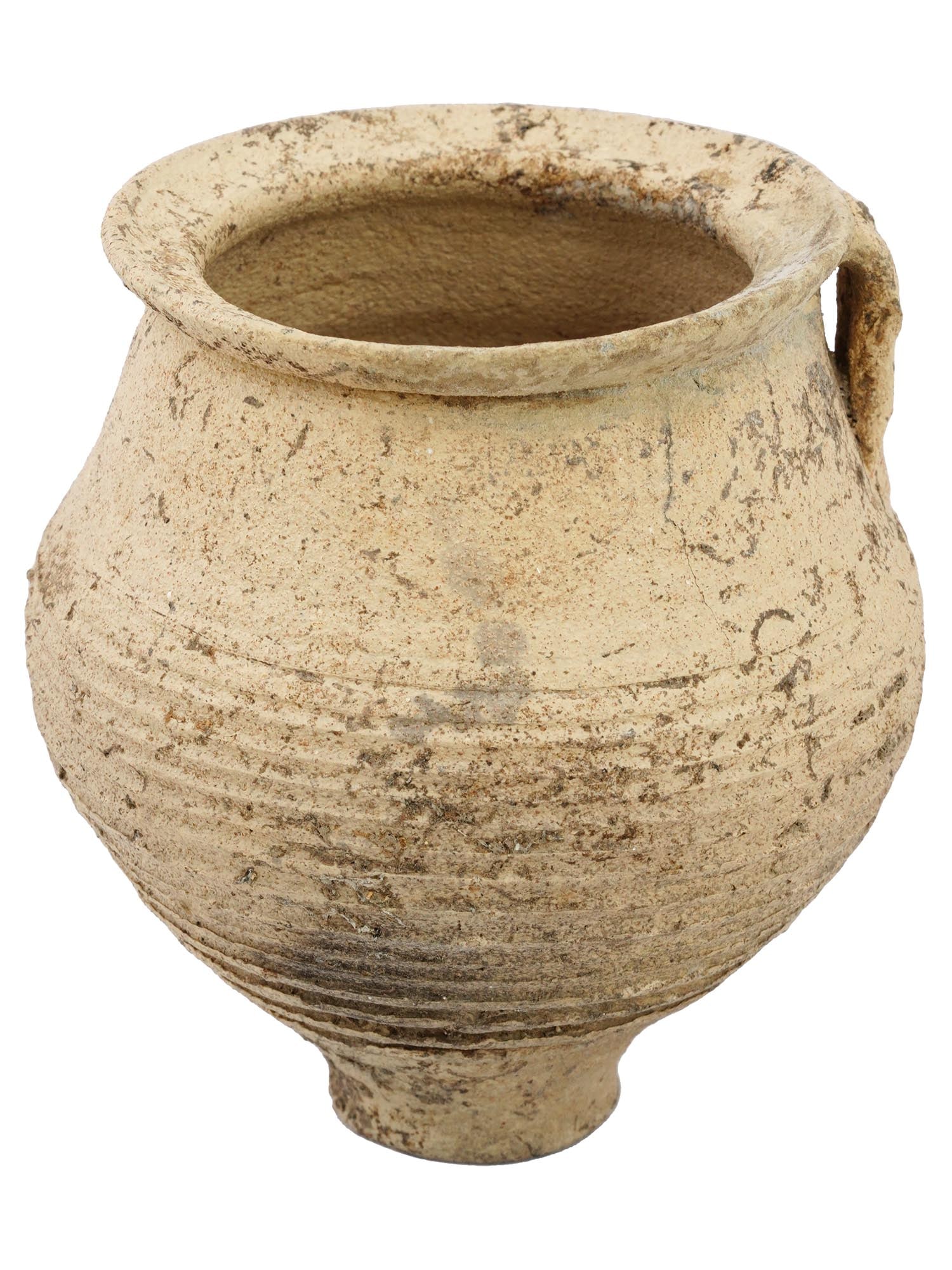 ANCIENT ROMAN RIBBED TERRACOTTA CLAY URN SHAPED JAR: An ancient Roman urn shaped terracotta clay jar. Found in Moesia Inferior Bulgaria. The ware has a wide urn shaped body, thickened fluted lips, and a foot. The ware is decorated with a ribbed design,