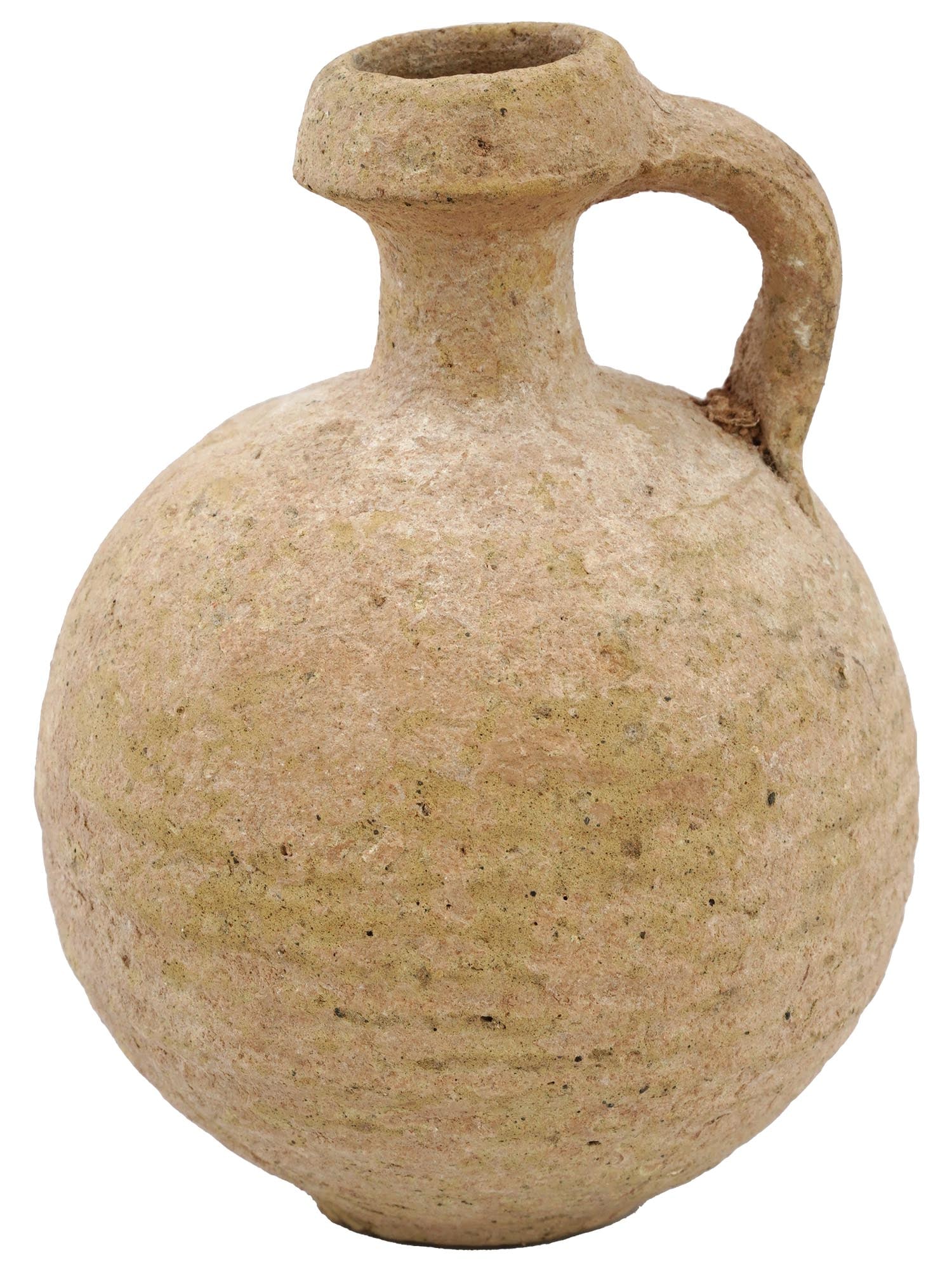 100 300 AD ANCIENT ROMAN TERRACOTTA POTTERY JUGLET: A dug ancient Roman terracotta pottery juglet for pouring wine or water. Found in Syria. The jug has a globular shaped body, a thin neck, thickened lips, and a curved handle on the side. The ware is d