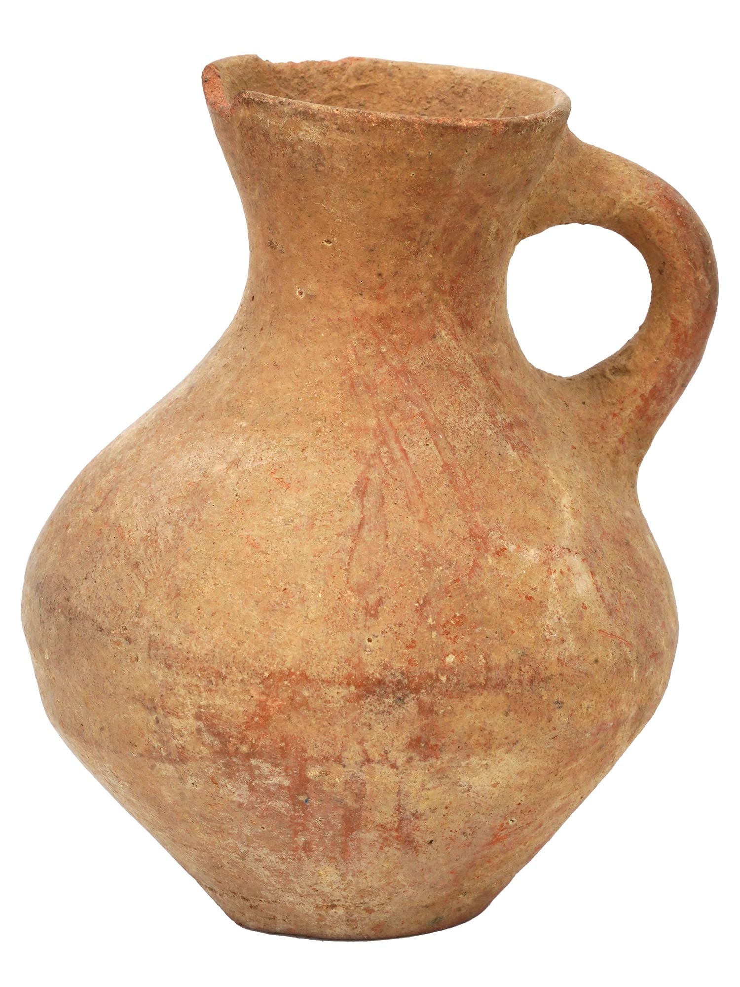 ANCIENT GREEK TERRACOTTA POTTERY OINOCHOE JUG: An ancient Greek terracotta pottery oinochoe, a vessel for pouring wine. The jug is adorned with a flared lip, a long, gently curving neck, and a wide shoulder that tapers to a rounded body standing o
