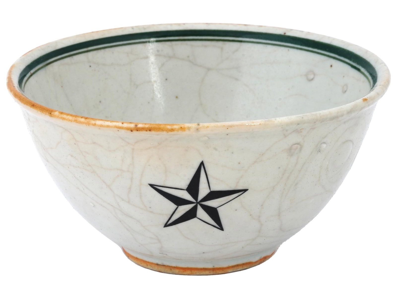 PRE WWII JAPANESE ARMY IJA SOLDIERS POTTERY SAKE CUP: A pre WWII era Japanese pottery sake bowl of the Imperial Japanese Army soldier. Hand painted with the flags of the Imperial Japanese Army and the Rising sun. Glazed in white, with a green trim to the