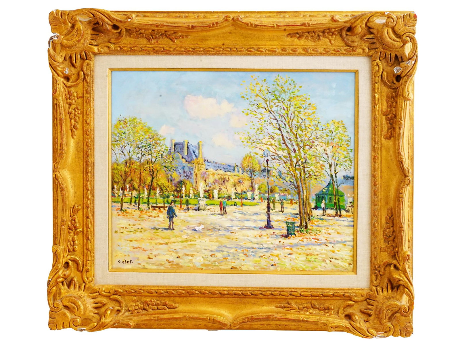 FRENCH CITYSCAPE OIL PAINTING BY LAURENT VIALET: Oil on canvas painting by Laurent Vialet, born 1967, a French landscape artist, nepher of the painter Jean Kevorkian. The artwork depicts a view of Paris. Titled Le Jardin de Tuileries on the backside
