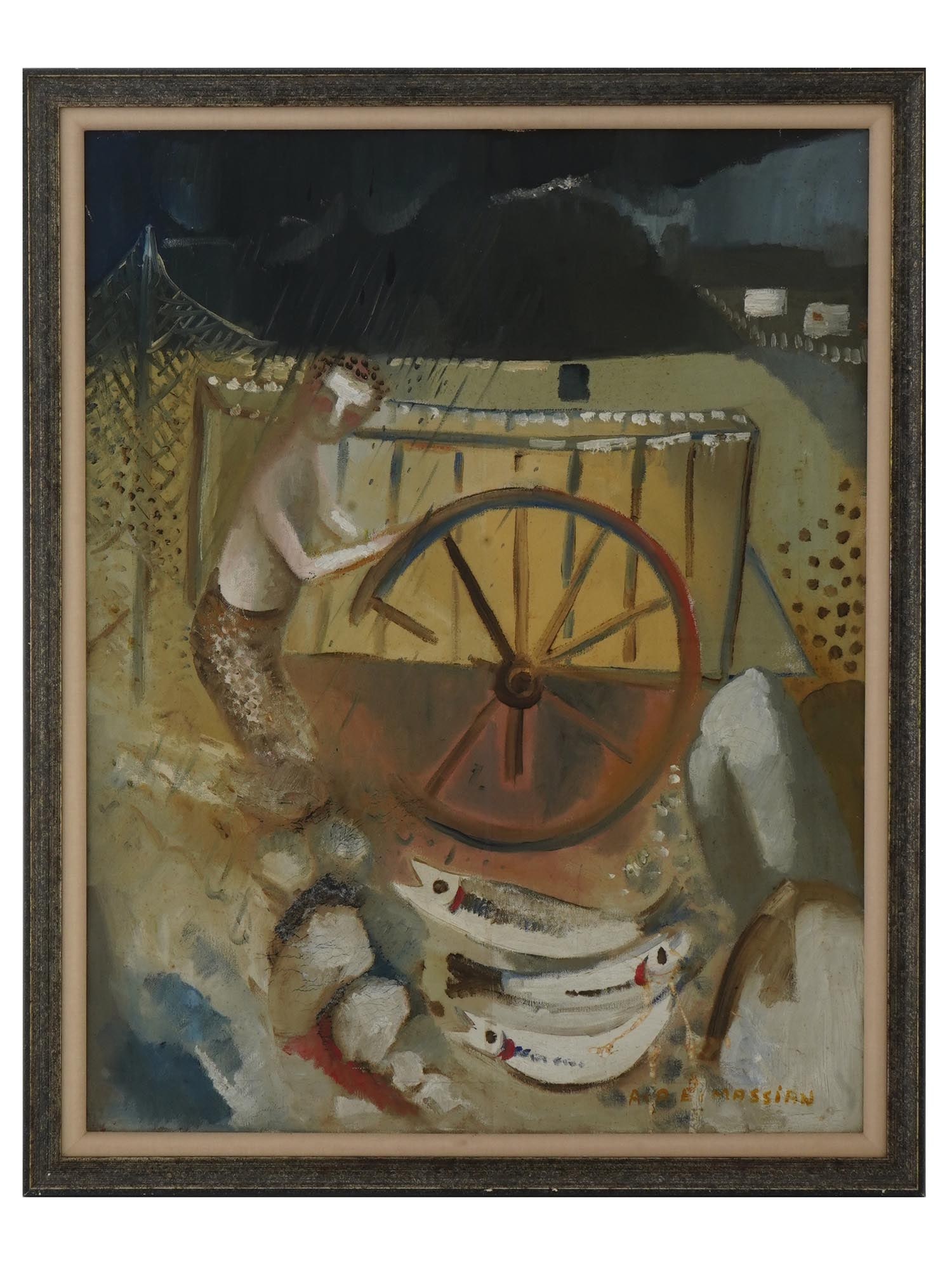 VINTAGE OIL PAINTING ON CANVAS BY MASSIAN CA 1970S: A vintage oil painting on canvas by A Massian. Circa 1970s. The painting depicts a genre scene on the shore with fishing nets, a faceless fisherman holding a wheel, and three large fish in the foregro