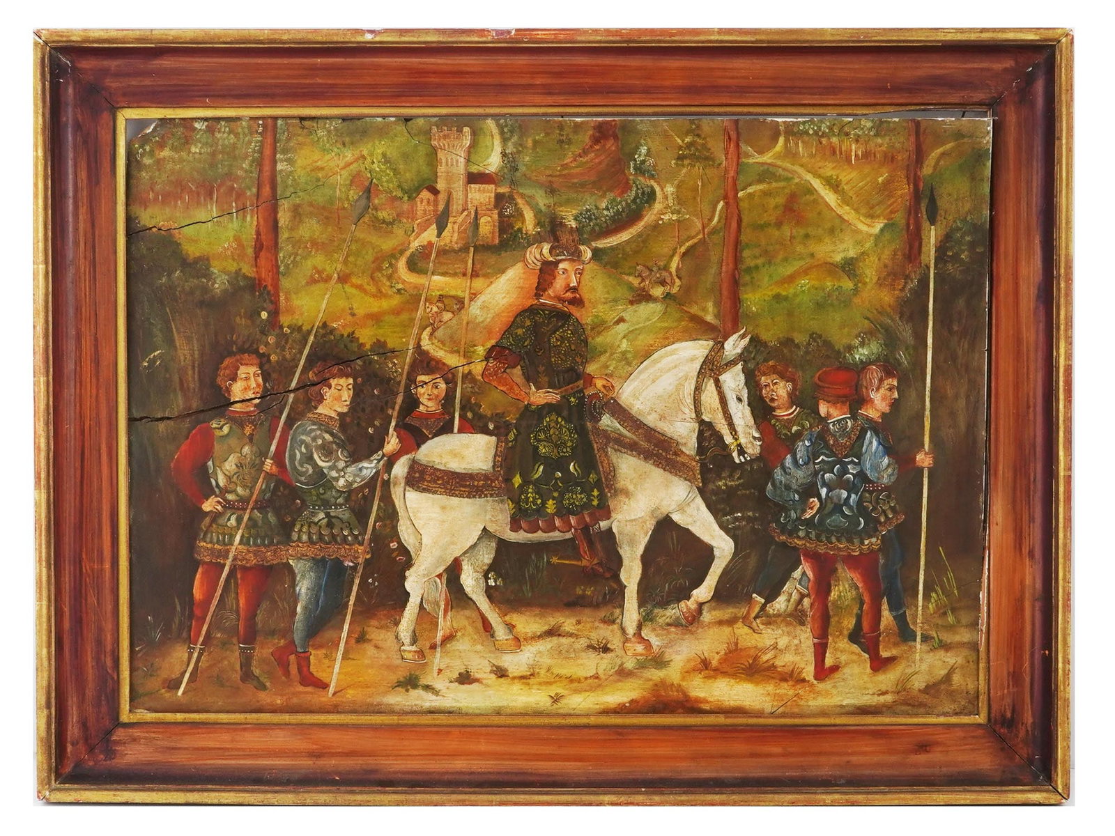 AFTER BENOZZO GOZZOLI JOURNEY OF THE MAGI OIL PAINTING: Oil on board painting. European, 19th century. After the ca. 1459 fresco in Magi Chapel of Palazzo Medici Riccardi, Florence, Italy, executed by Benozzo Gozzoli, 1421 to 1497, an Italian Renaissance p