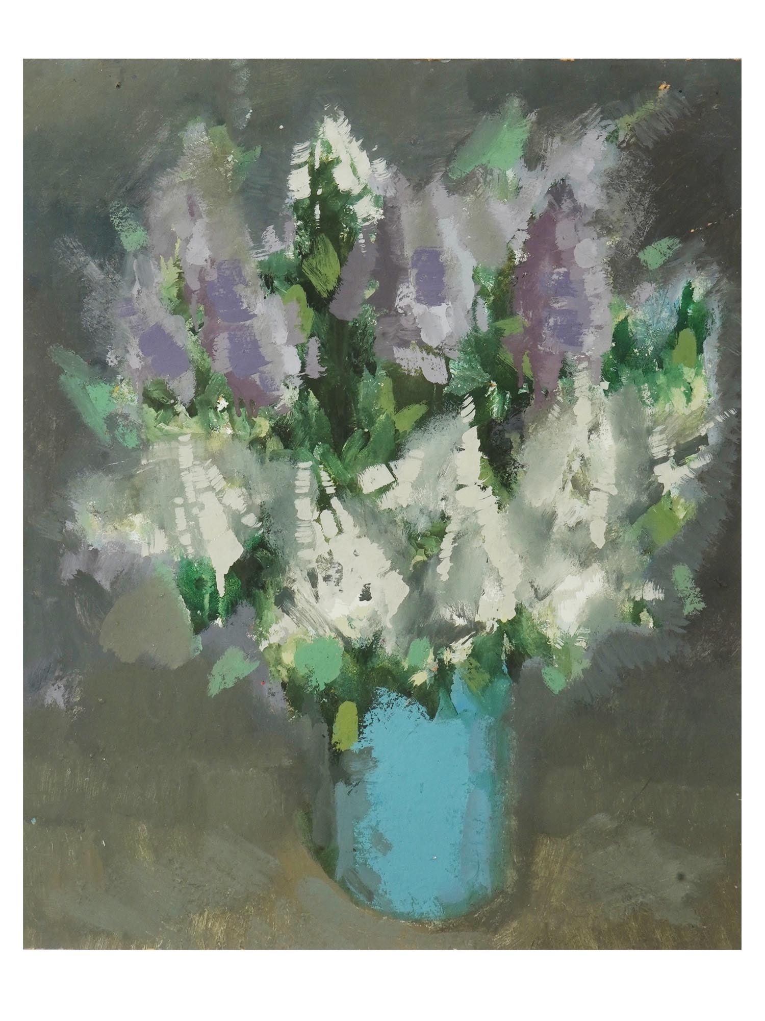1970S STILL LIFE OIL PAINTING BY ANATOLY RUSSKIKH: Oil on cardboard painting by Anatoly Russkikh, 1940 to 2002, a Russian realist artist based in Komi Republic. The artwork depicts lilac flowers in a vase. Titled Bouquet of Lilacs and dated 1970s on t