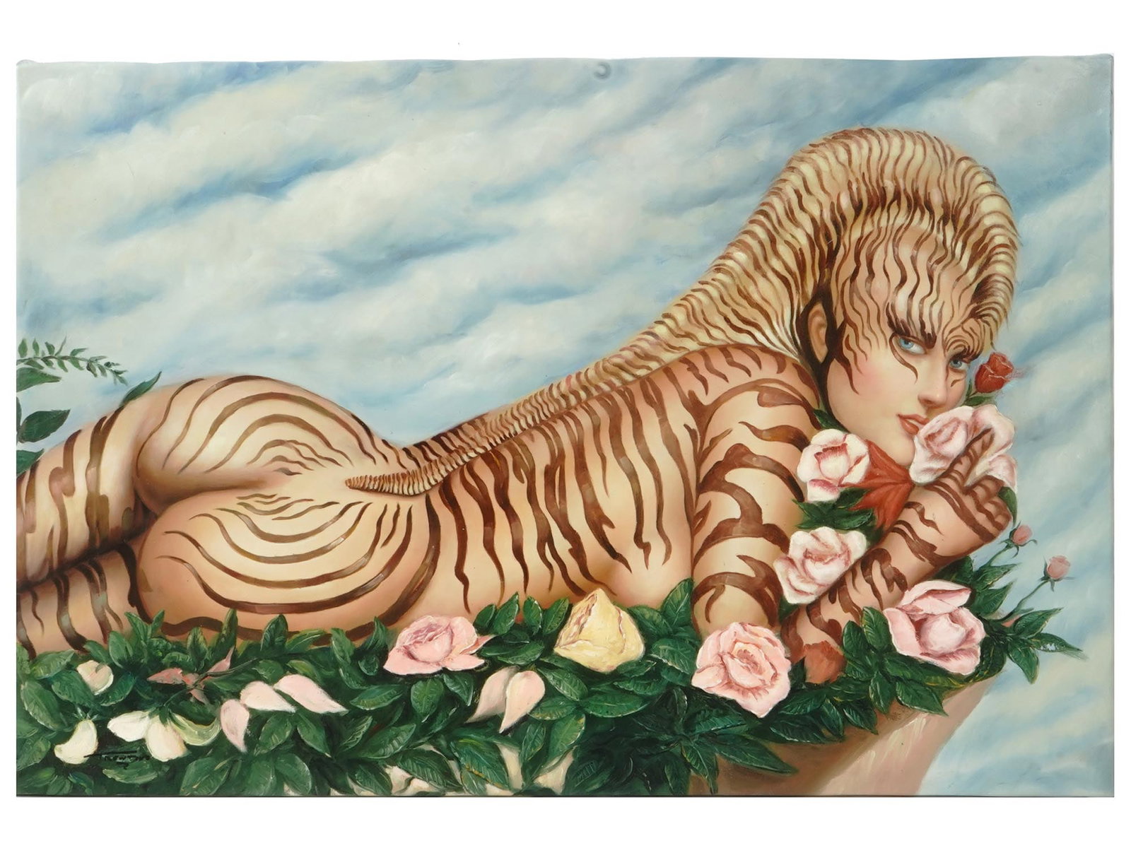 NUDE PORTRAIT OIL PAINTING AFTER OLIVIA BERARDINIS: A Modern oil painting on canvas depicting a portrait of a nude woman in blossoming flowers after the original painting, Tigress and Roses, by Olivia De Berardinis, known professionally as Olivia, Amer