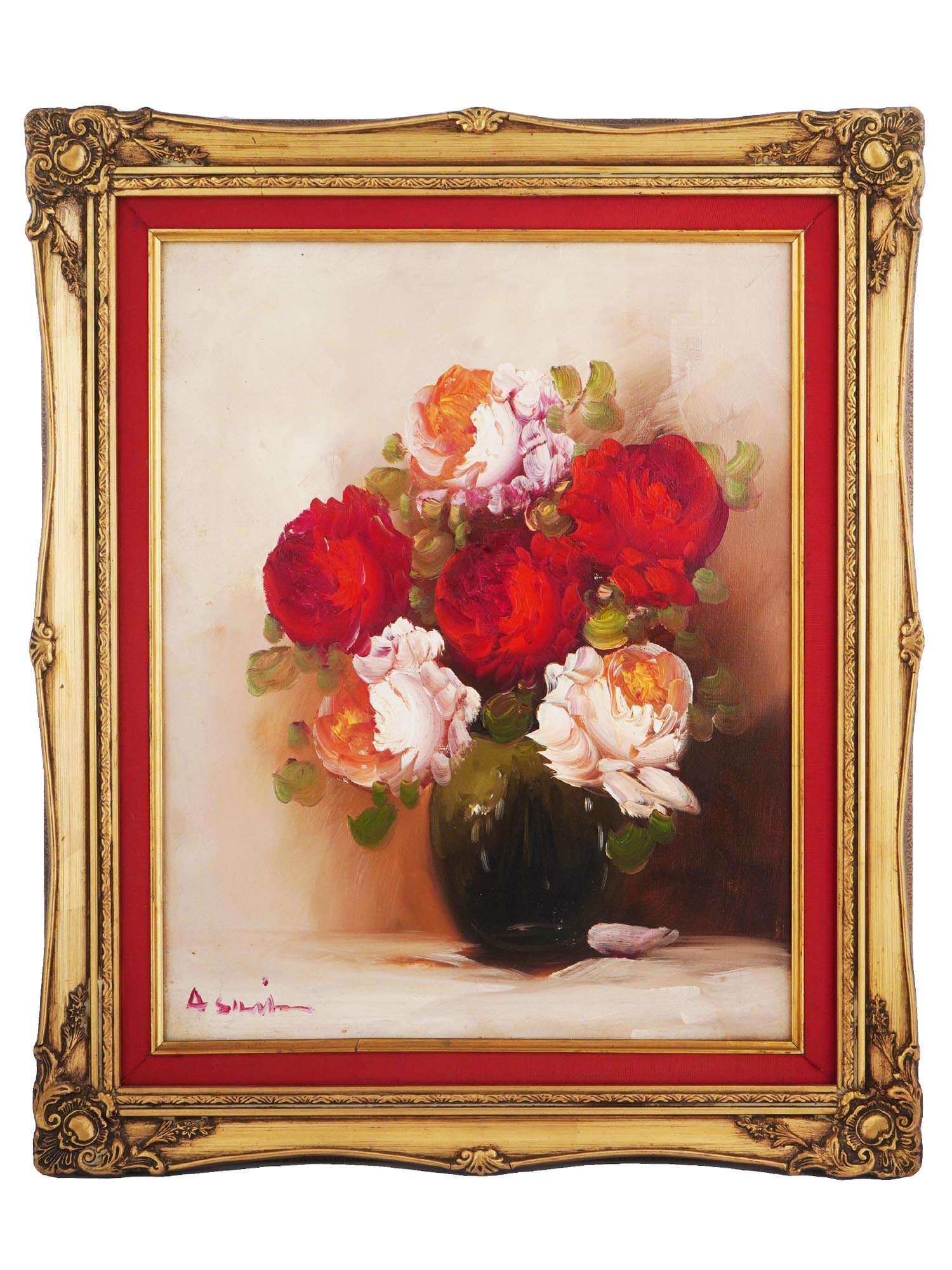 VINTAGE FLORAL STILL LIFE OIL PAINTING BY A. SMITH: Oil on canvas painting. American, late 20th-century. The artwork depicts a vase of white and red rose flowers. Signed by the artist in the lower left, A. Smith. Golden frame. Collectible Fine Art And 