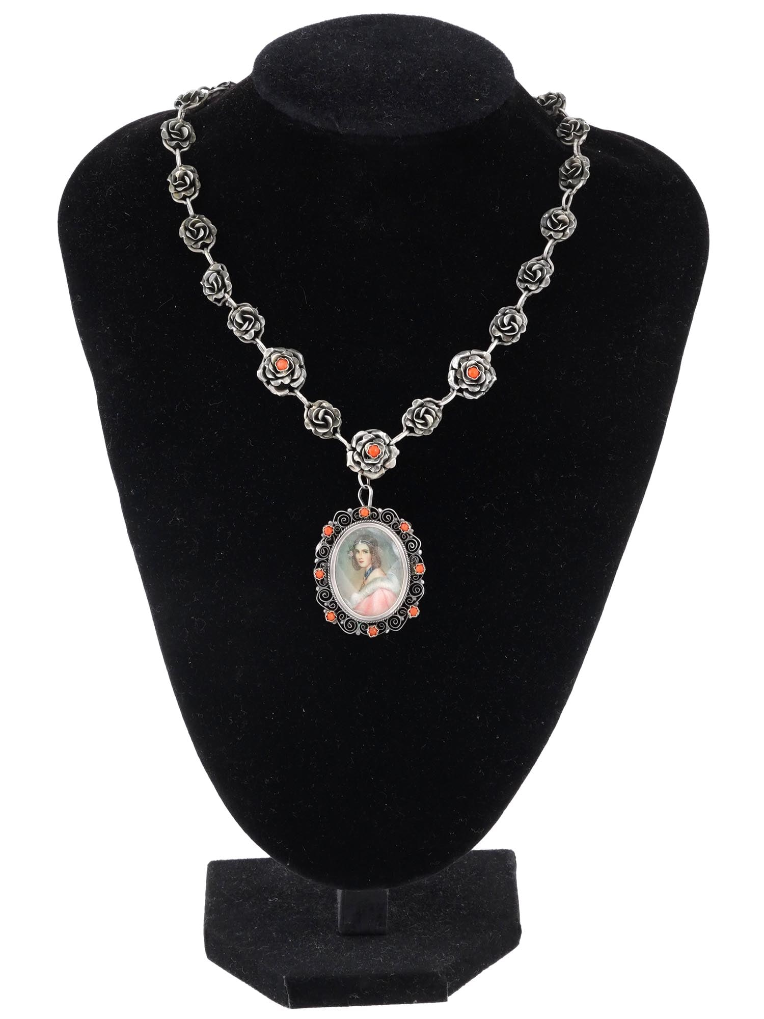 VINTAGE SILVER CORAL PENDANT WITH MINIATURE PORTRAIT (1 of 7)